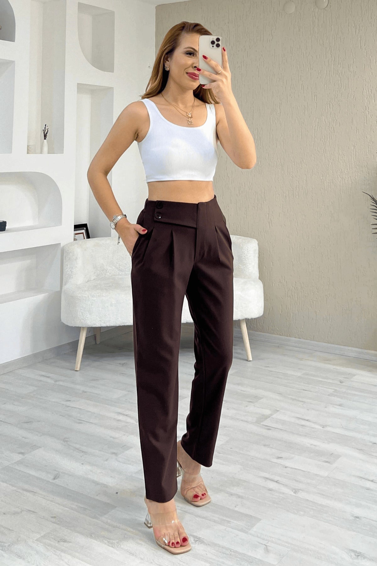 PWG2904251748 - Kadın Cleo Yüksek Bel Arkası Lastikli Yandan Çift Düğmeli Kumaş Pantolon - Kahverengi