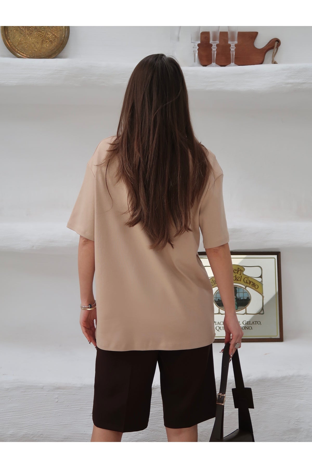 PWGY298 - Kadın Mia İnterlok Kumaş Bisiklet Yaka Oversize T-Shirt - Bej