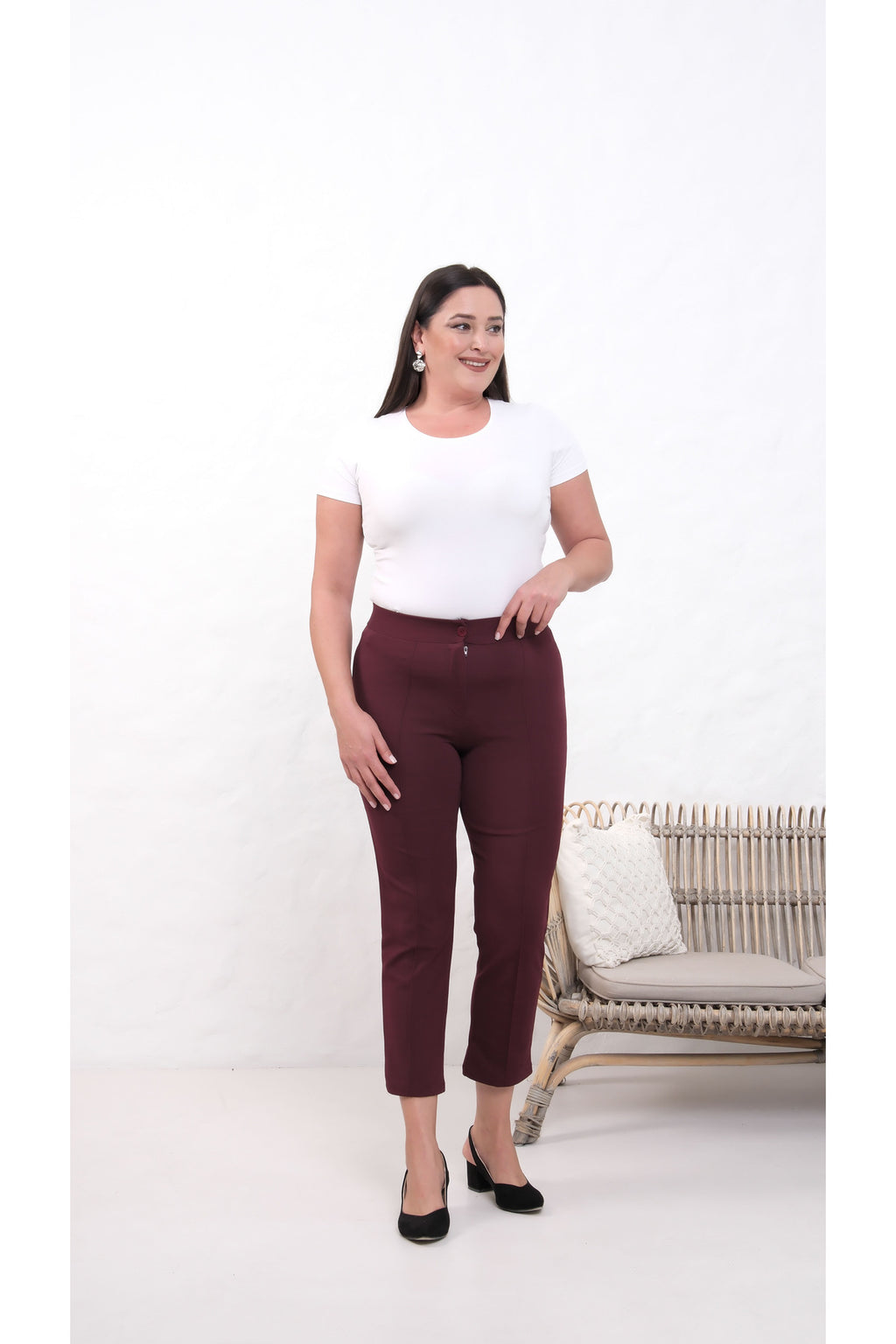 PWG909241317 - Likralı Bordo Büyük Beden Dar Paça Pantolon, 4 Mevsim, Vücudu Toplayan Pantolon