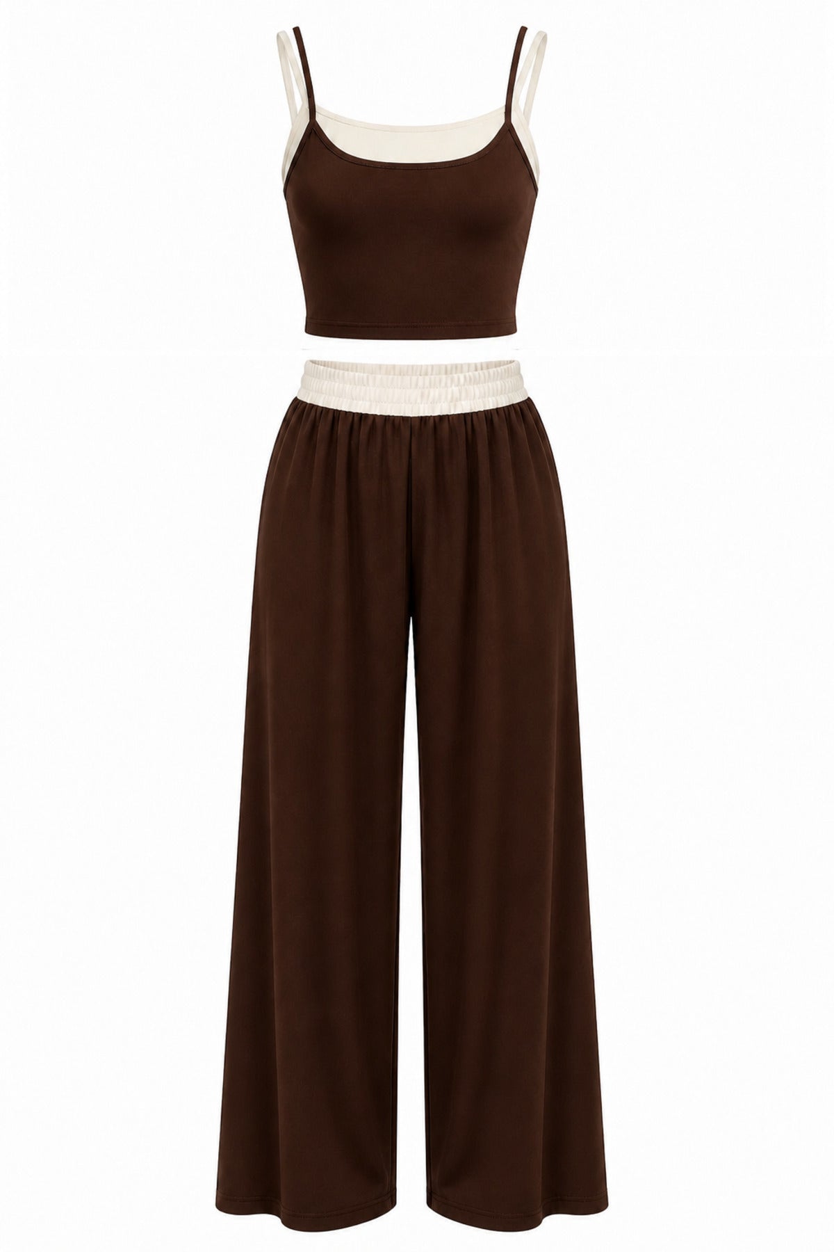 PWGKLAY - Kadın Klay Soft Modal Garnili Crop Pantolon Takım - Kahverengi