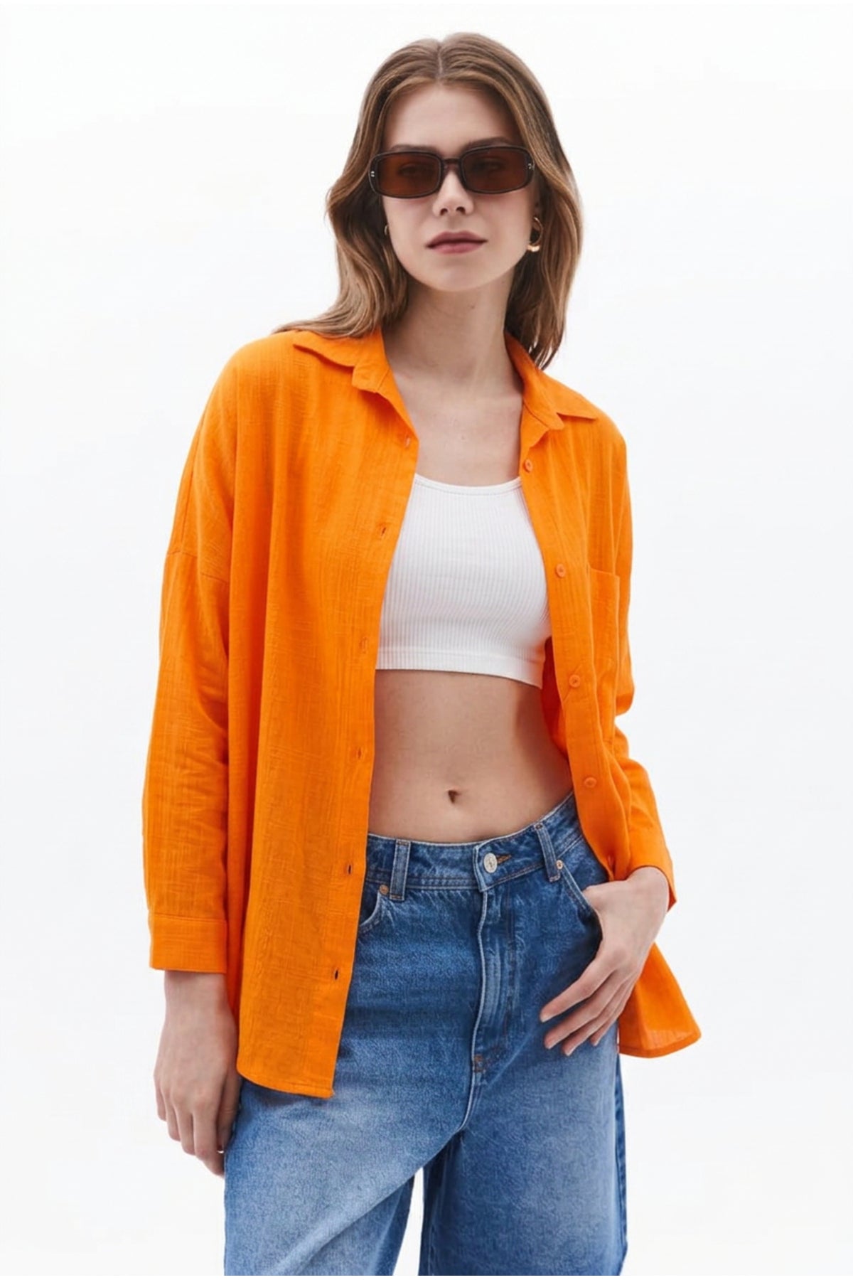 PWGPERRY - Kadın Perry Keten Gömlek Oversize - Turuncu