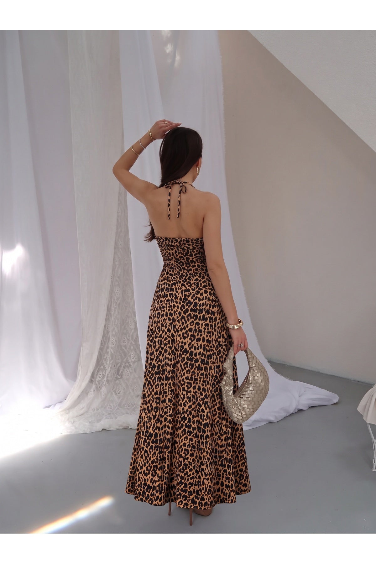 PWG310 - Kadın Alessia Önü Burgulu Uzun Mikro Elbise - Leopar Desen