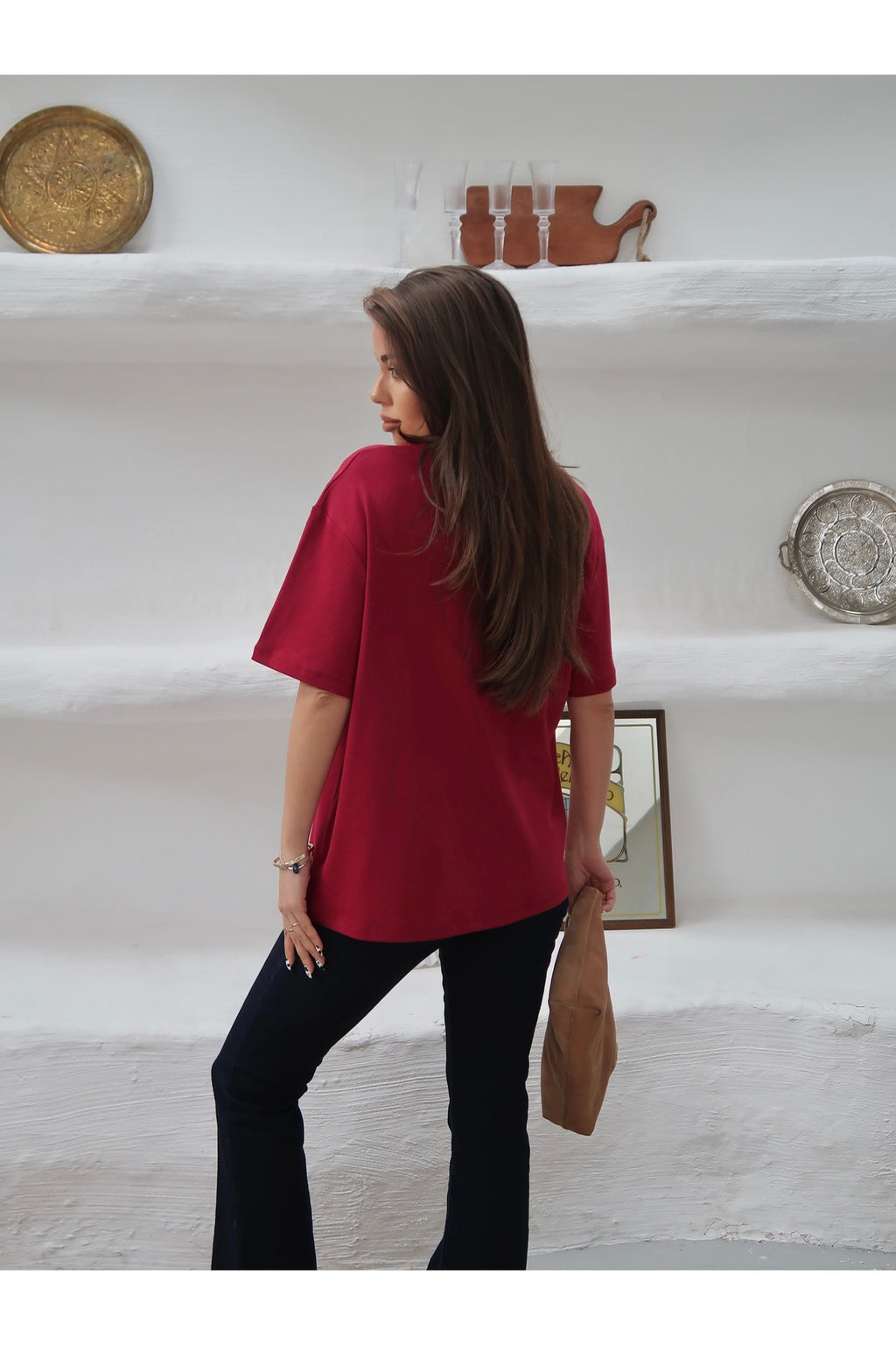 PWGY298 - Kadın Mia İnterlok Kumaş Bisiklet Yaka Oversize T-Shirt - Bordo
