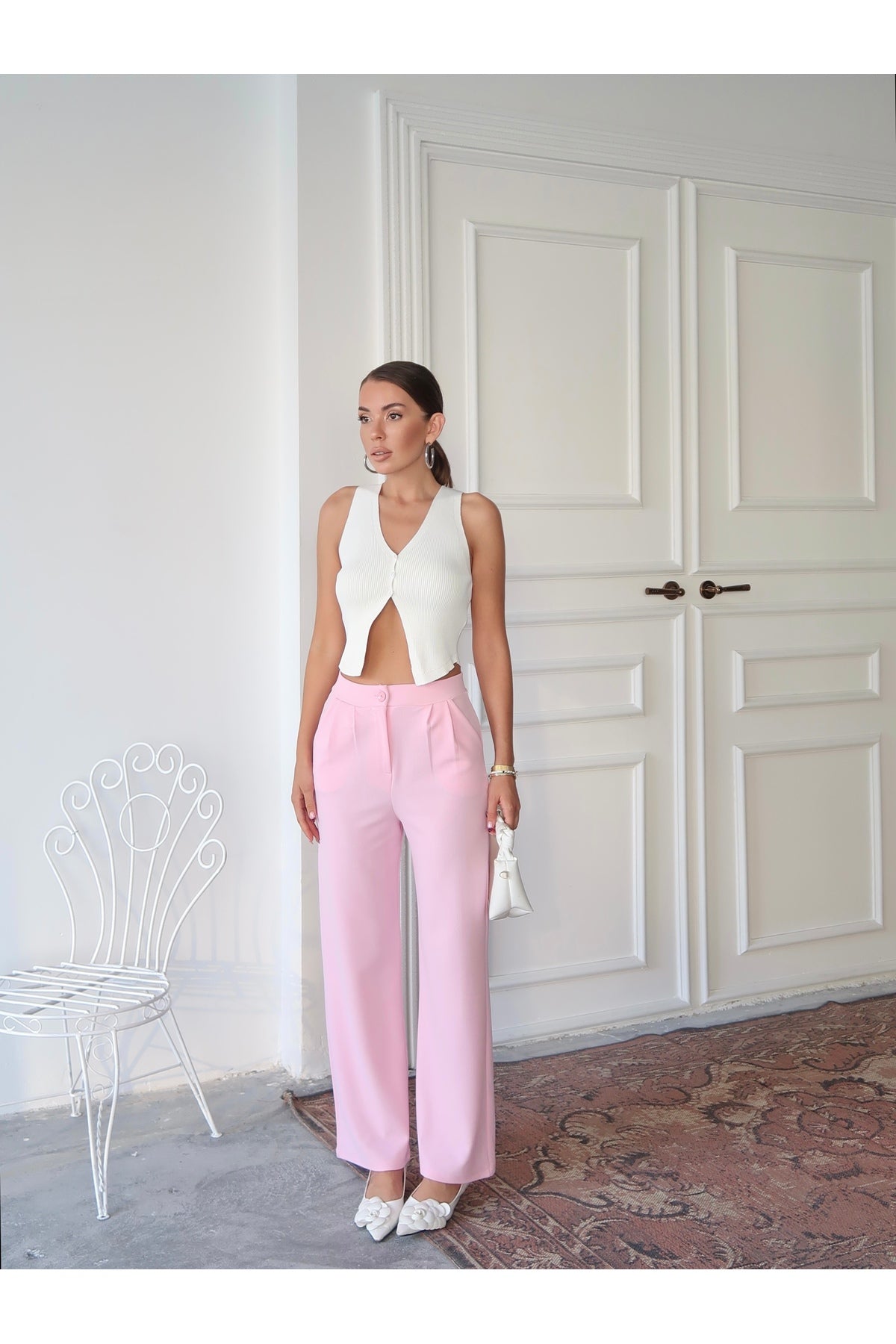 PWG1308251921 - Kadın Loretta Beli Pileli Palazzo Pantolon - Pembe