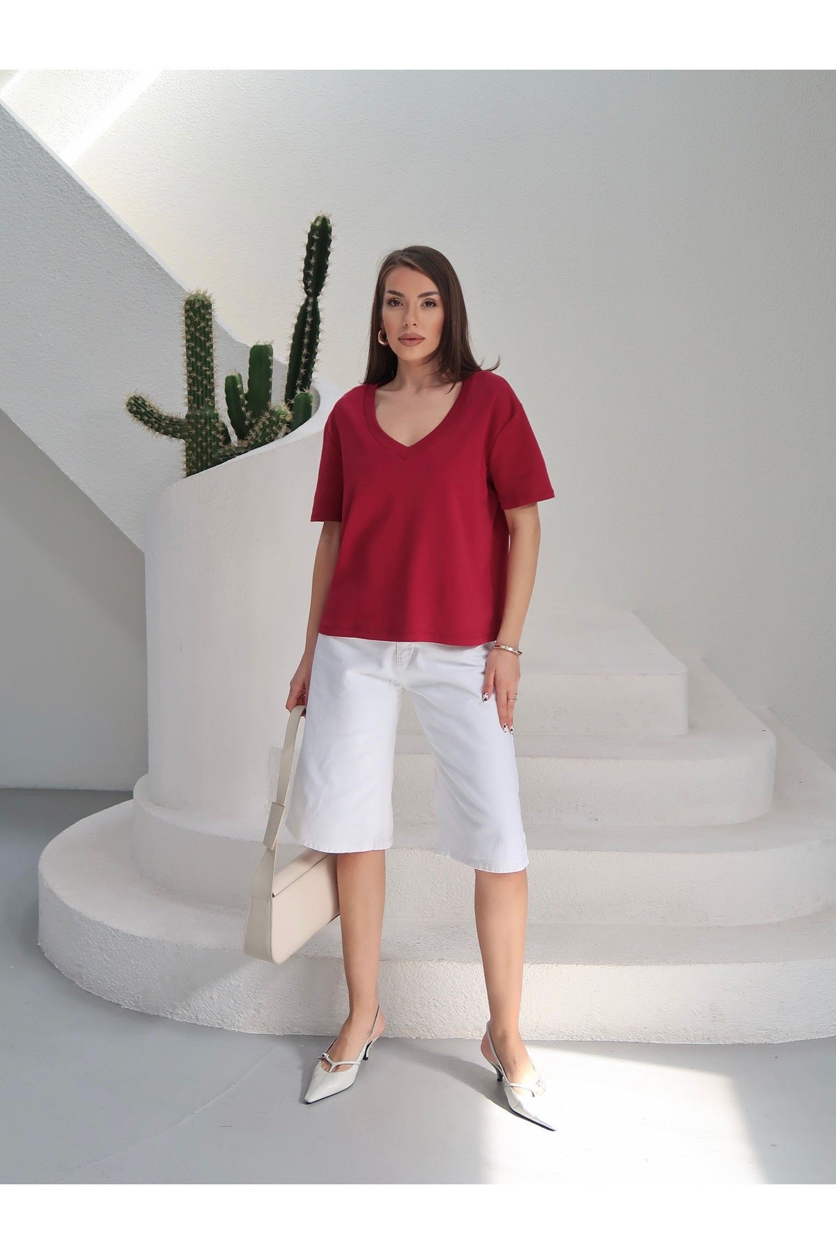 PWGY285 - Kadın Massi İnterlok Kumaş V Yaka Oversize T-Shirt - Bordo