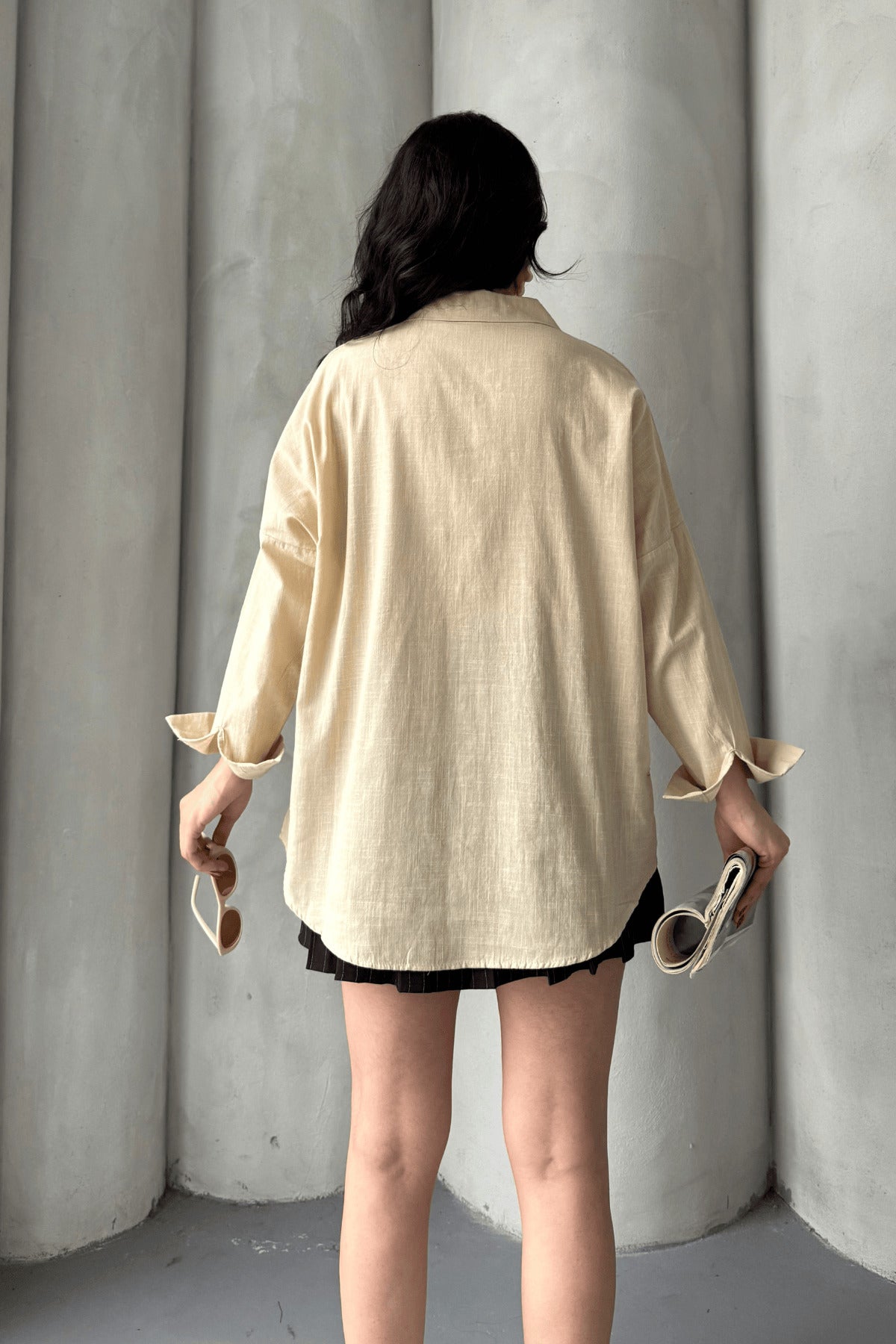 PWG1504250420 - Kadın Harper Çift Cepli Oversize Keten Gömlek, 2025 Summer Collection - Taş