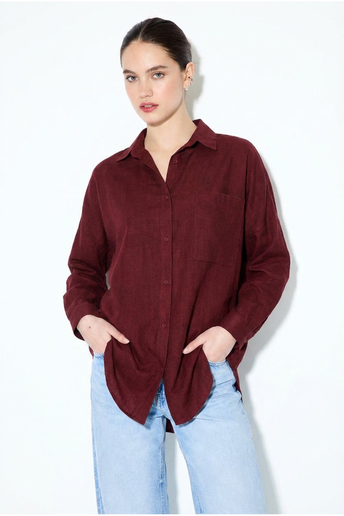 PWGPERRY - Kadın Perry Keten Gömlek Oversize - Bordo