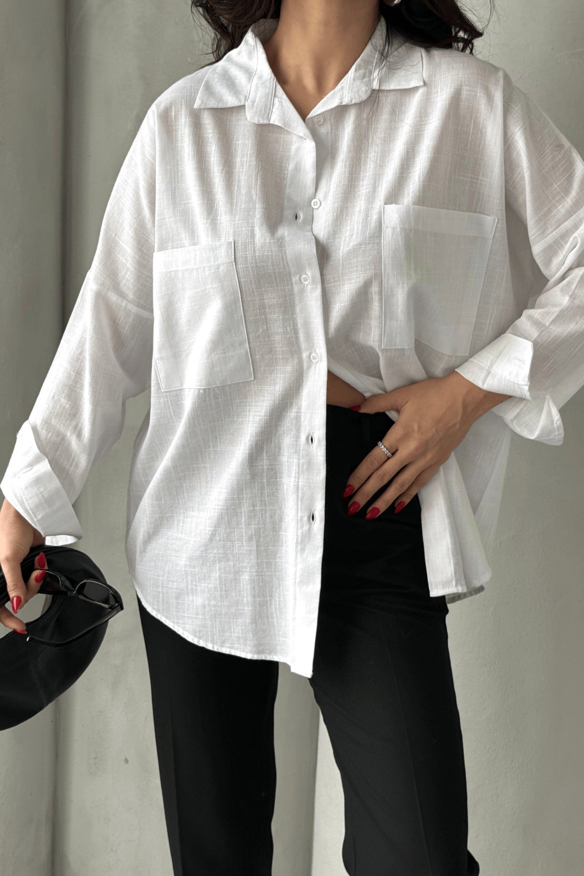 PWG1504250420 - Kadın Harper Çift Cepli Oversize Keten Gömlek, 2025 Summer Collection - Beyaz