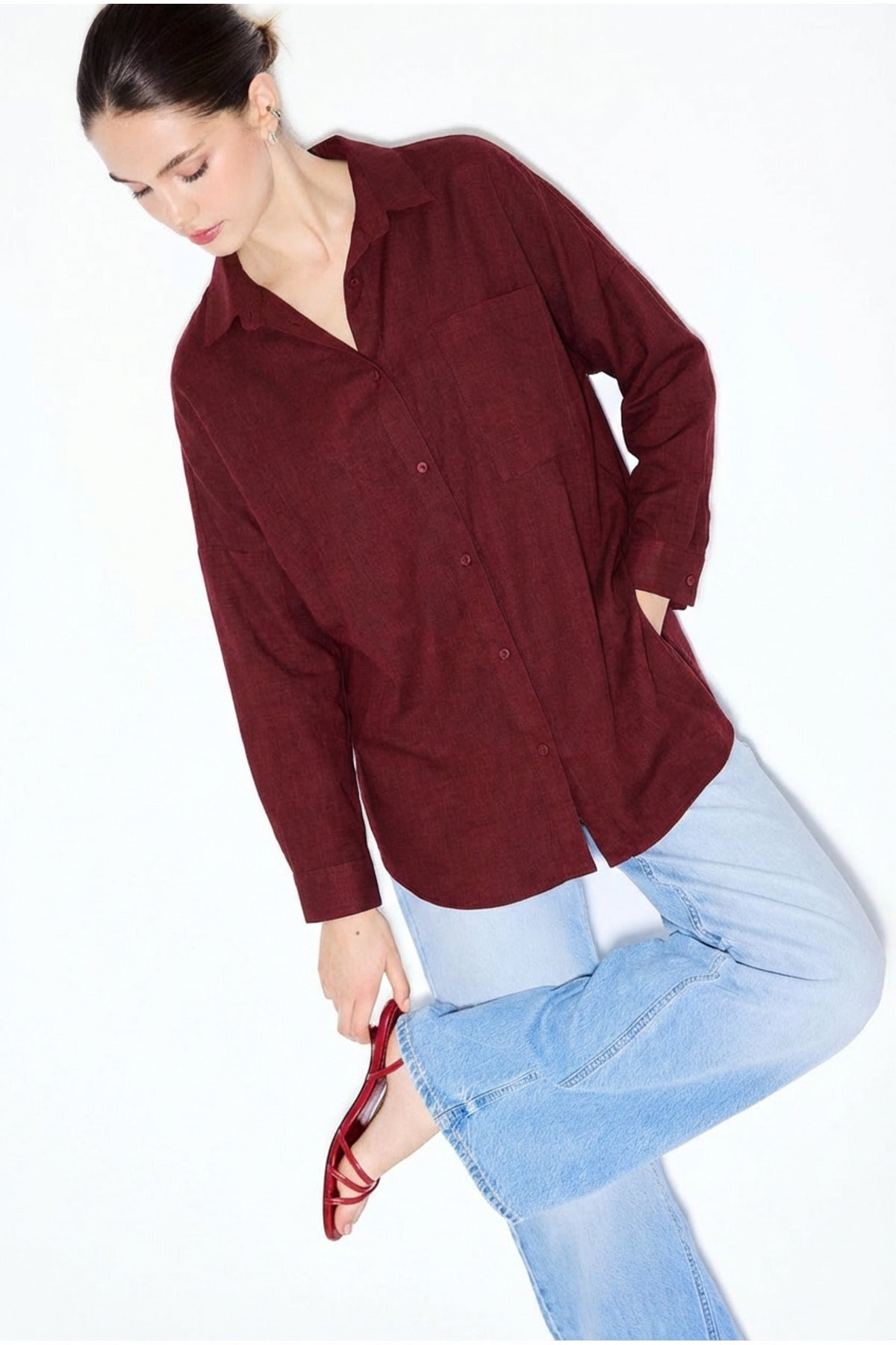 PWGPERRY - Kadın Perry Keten Gömlek Oversize - Bordo