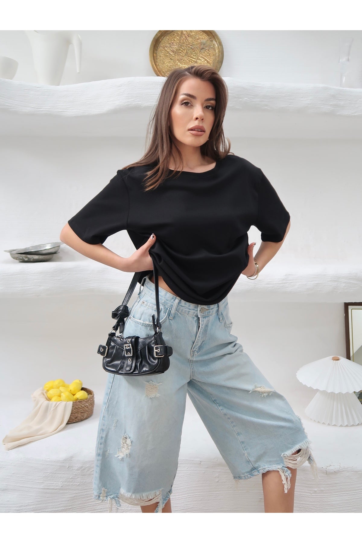 PWGY298 - Kadın Mia İnterlok Kumaş Bisiklet Yaka Oversize T-Shirt - Siyah