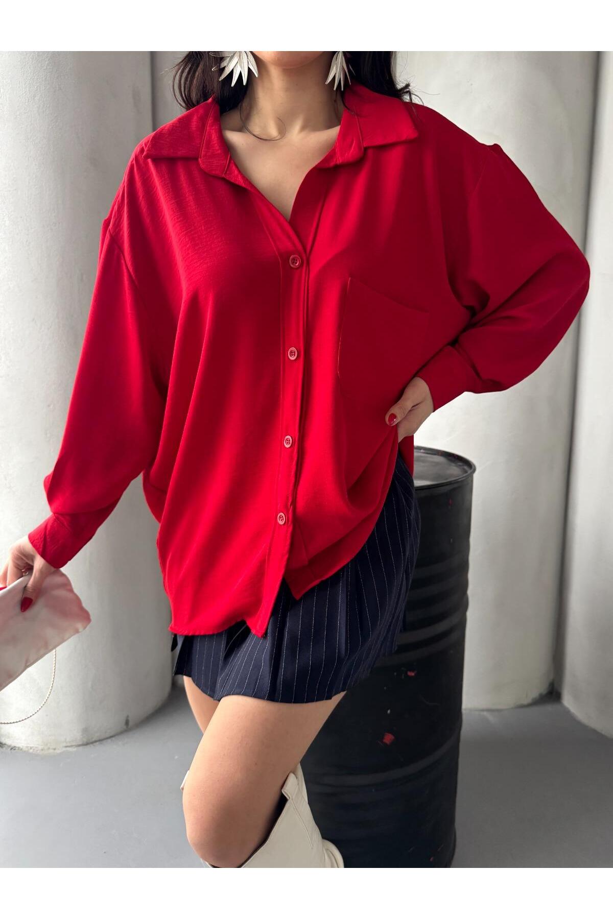 PWG903250053 - Kadın Flory Ayrobin Oversize Tek Cep Gömlek - Kırmızı