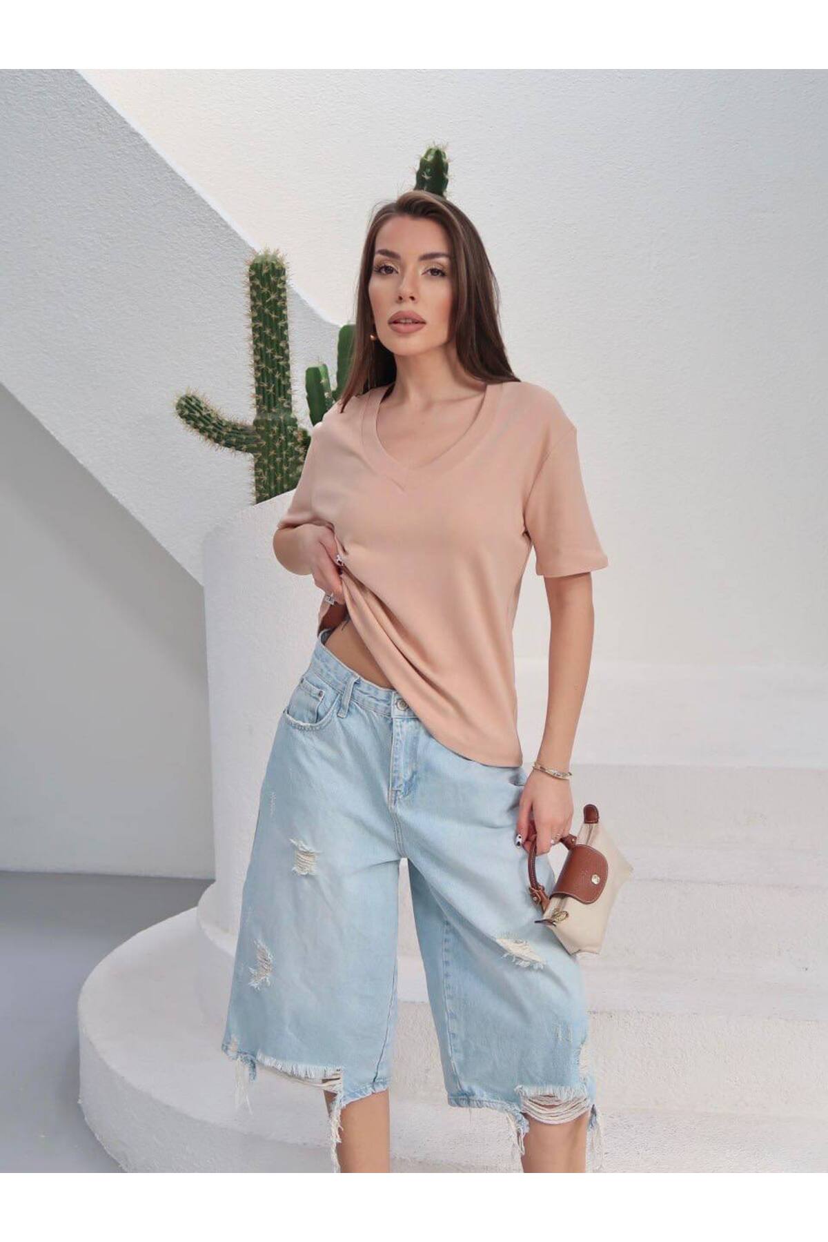 PWGY285 - Kadın Massi İnterlok Kumaş V Yaka Oversize T-Shirt - Somon