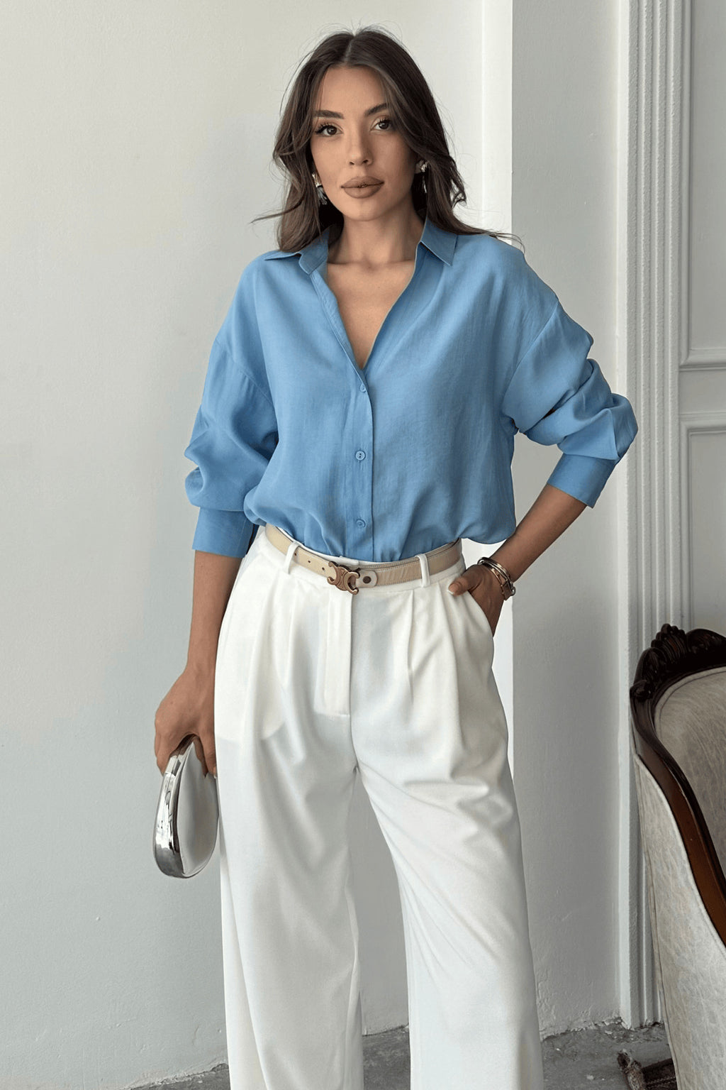 PWG1504250126 - Kadın Freya Modal Kumaş Oversize Gömlek - Mavi