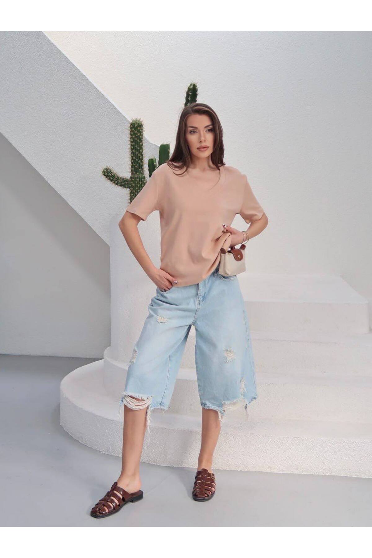 PWGY285 - Kadın Massi İnterlok Kumaş V Yaka Oversize T-Shirt - Somon