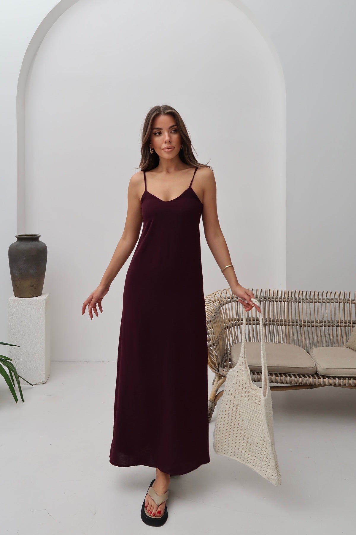 PWG2605251938 - Kadın Hazel Bordo İp Askılı Ayrobin Maxi Yazlık Elbise
