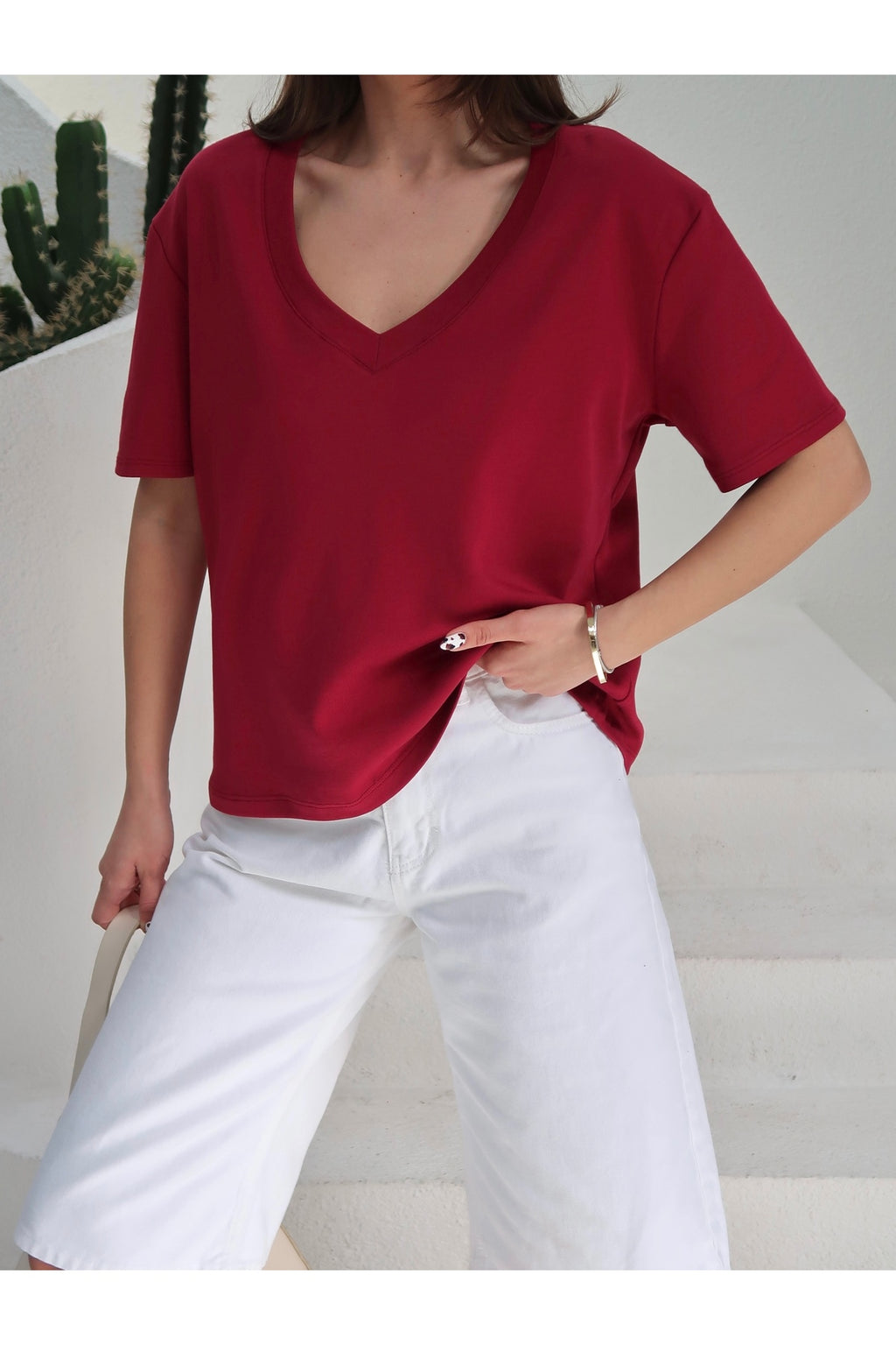 PWGY285 - Kadın Massi İnterlok Kumaş V Yaka Oversize T-Shirt - Bordo