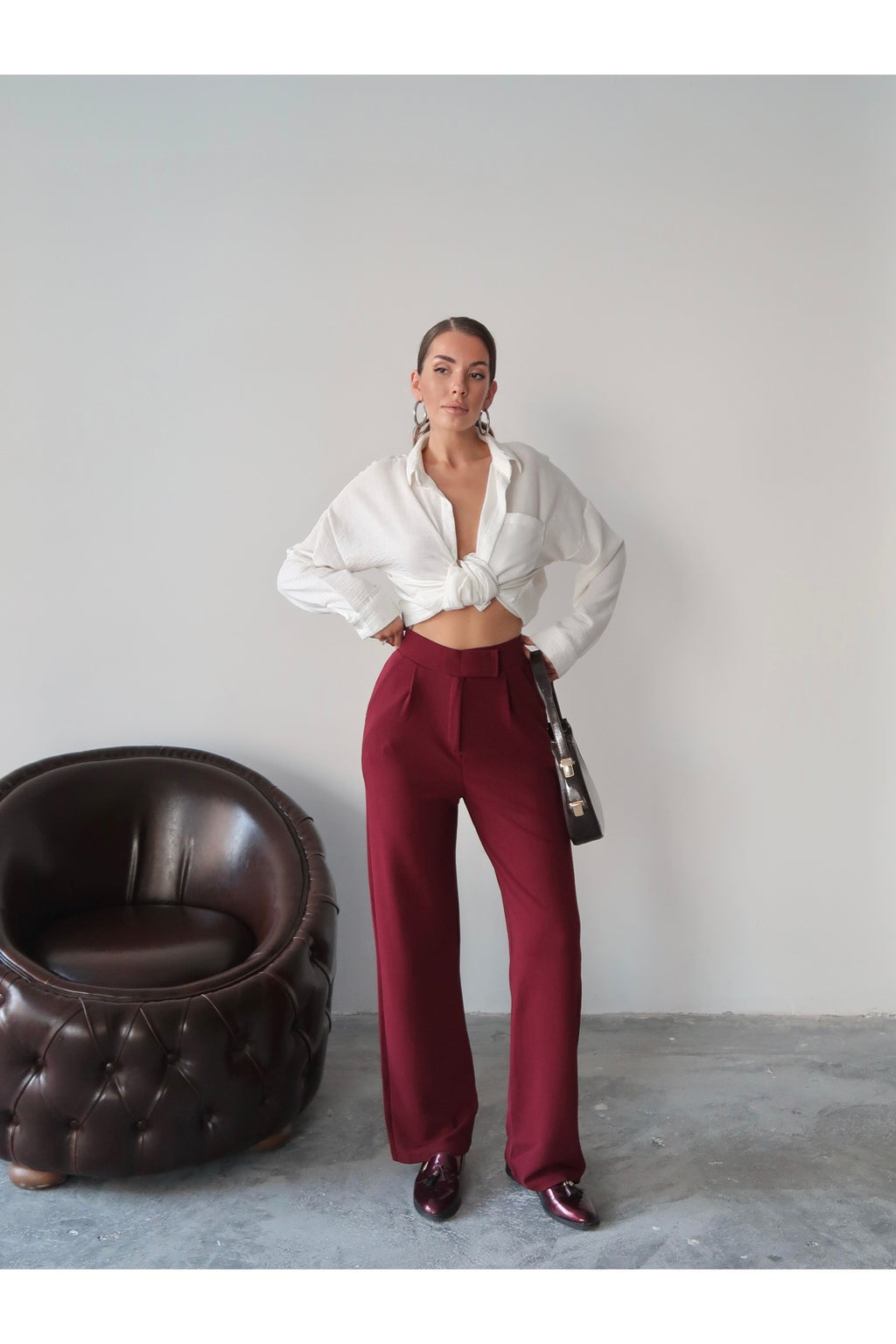 PWG1308252019 - Kadın Valeria Cırtlı Kemer Detaylı Palazzo Pantolon - Bordo