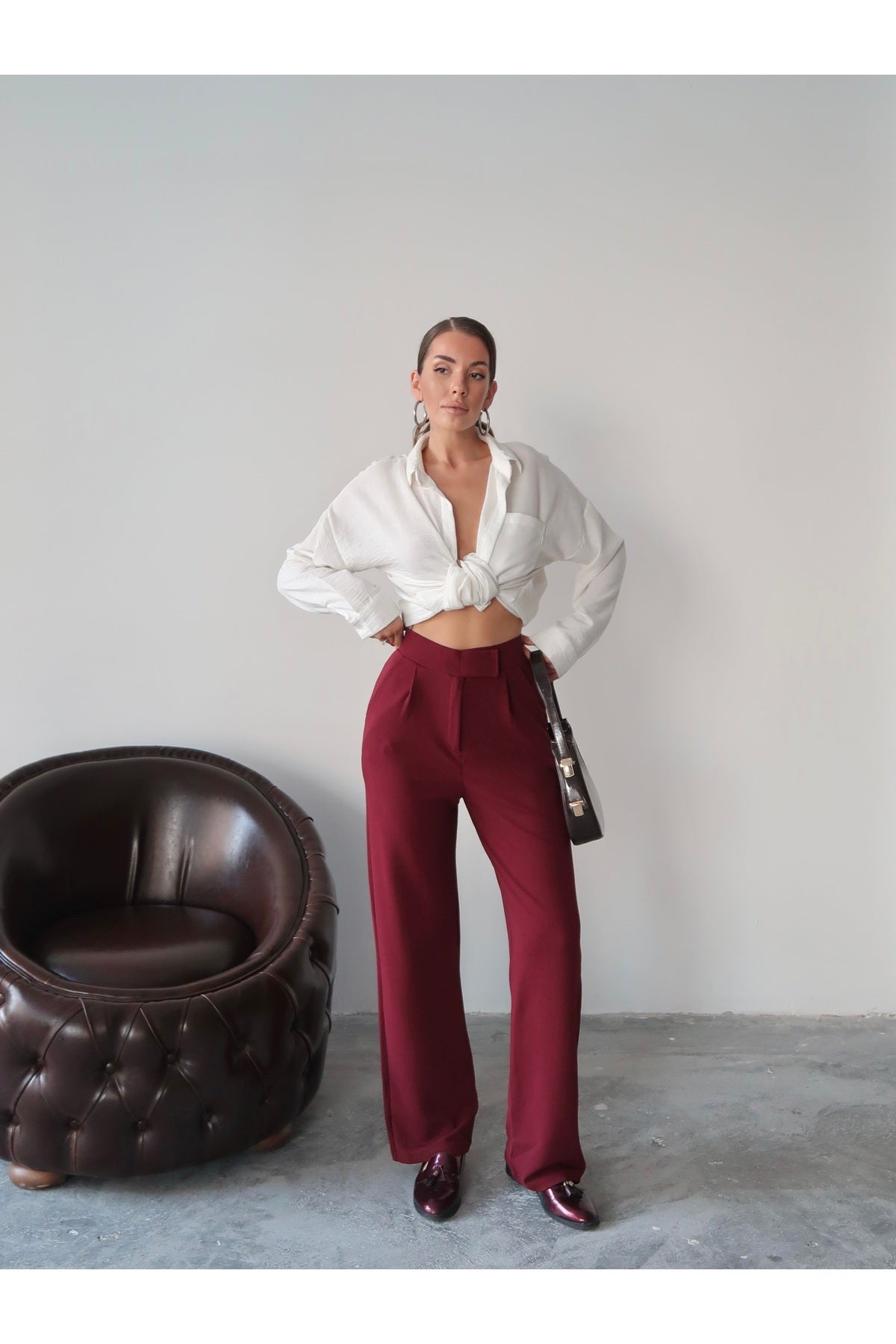 PWG1308252019 - Kadın Valeria Cırtlı Kemer Detaylı Palazzo Pantolon - Bordo