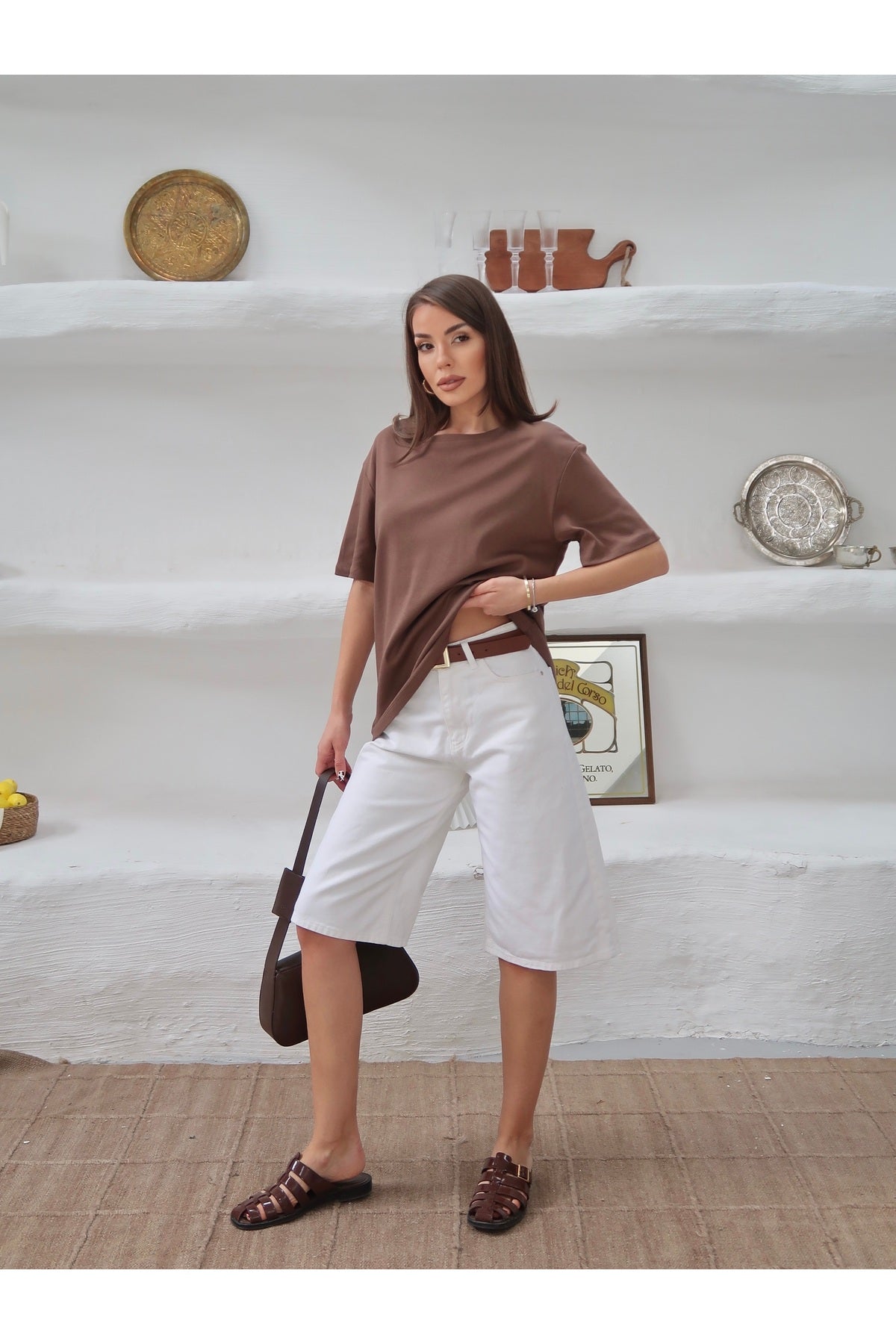 PWGY298 - Kadın Mia İnterlok Kumaş Bisiklet Yaka Oversize T-Shirt - Kahverengi