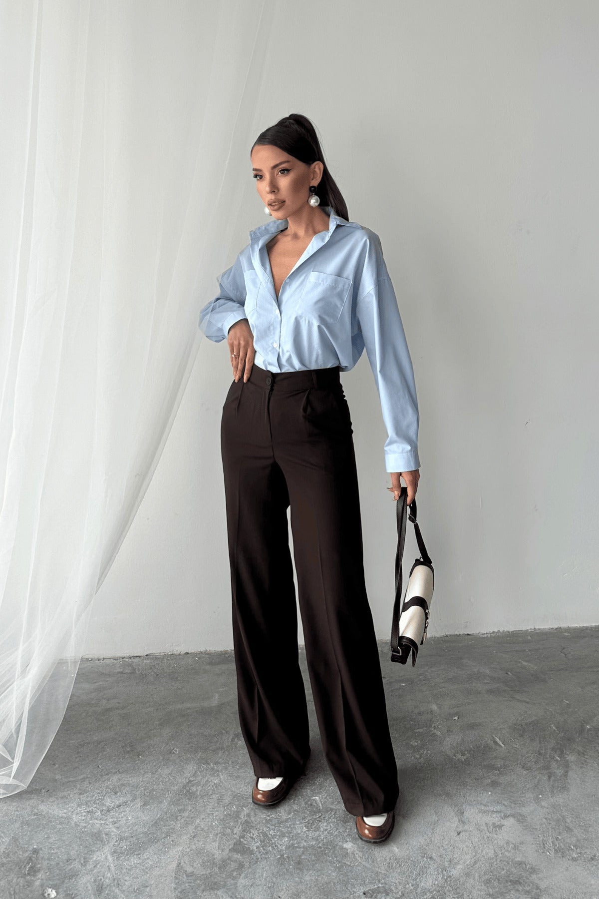 PWG1405251502 - Kadın Sindy Palazzo Model Kumaş Pantolon - Kahverengi