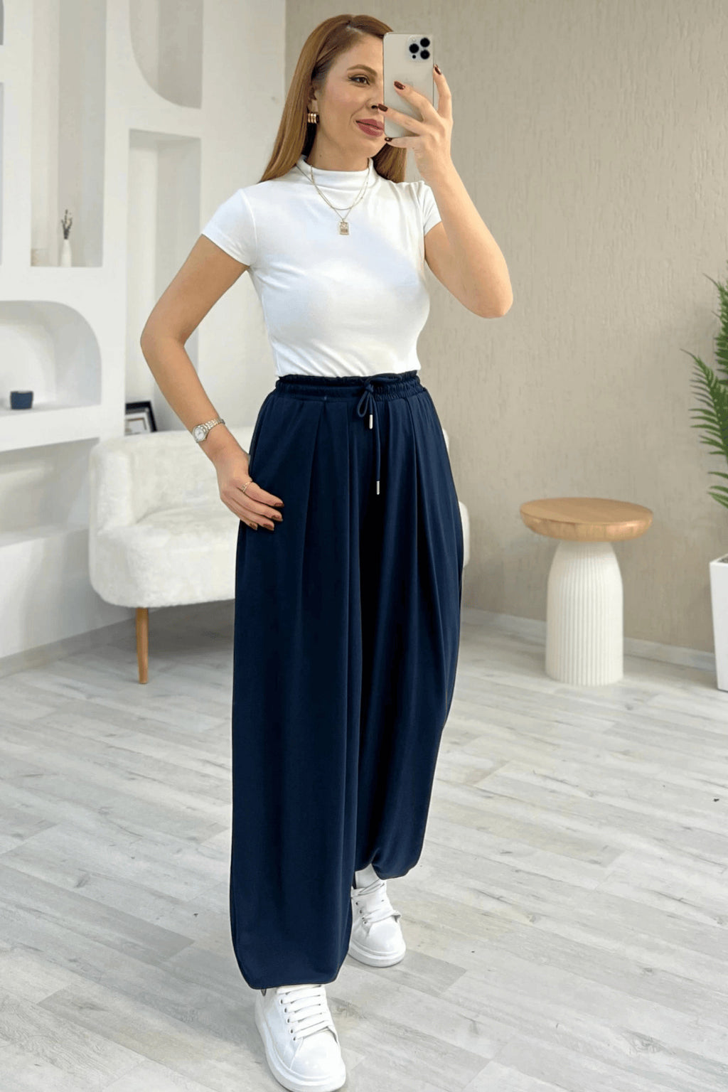 PWG1004250252 - Kadın Rosa Bel ve Paça Lastikli Şalvar Pantolon, Premium Kalite Kumaş - Lacivert