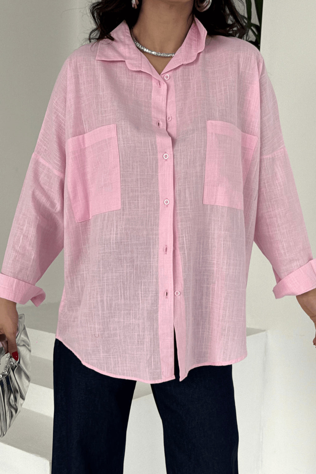 PWG1504250420 - Kadın Harper Çift Cepli Oversize Keten Gömlek, 2025 Summer Collection - Pembe
