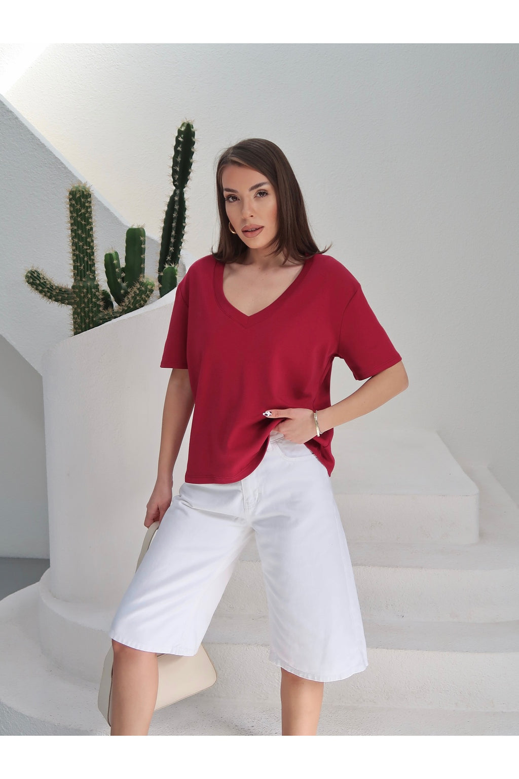 PWGY285 - Kadın Massi İnterlok Kumaş V Yaka Oversize T-Shirt - Bordo