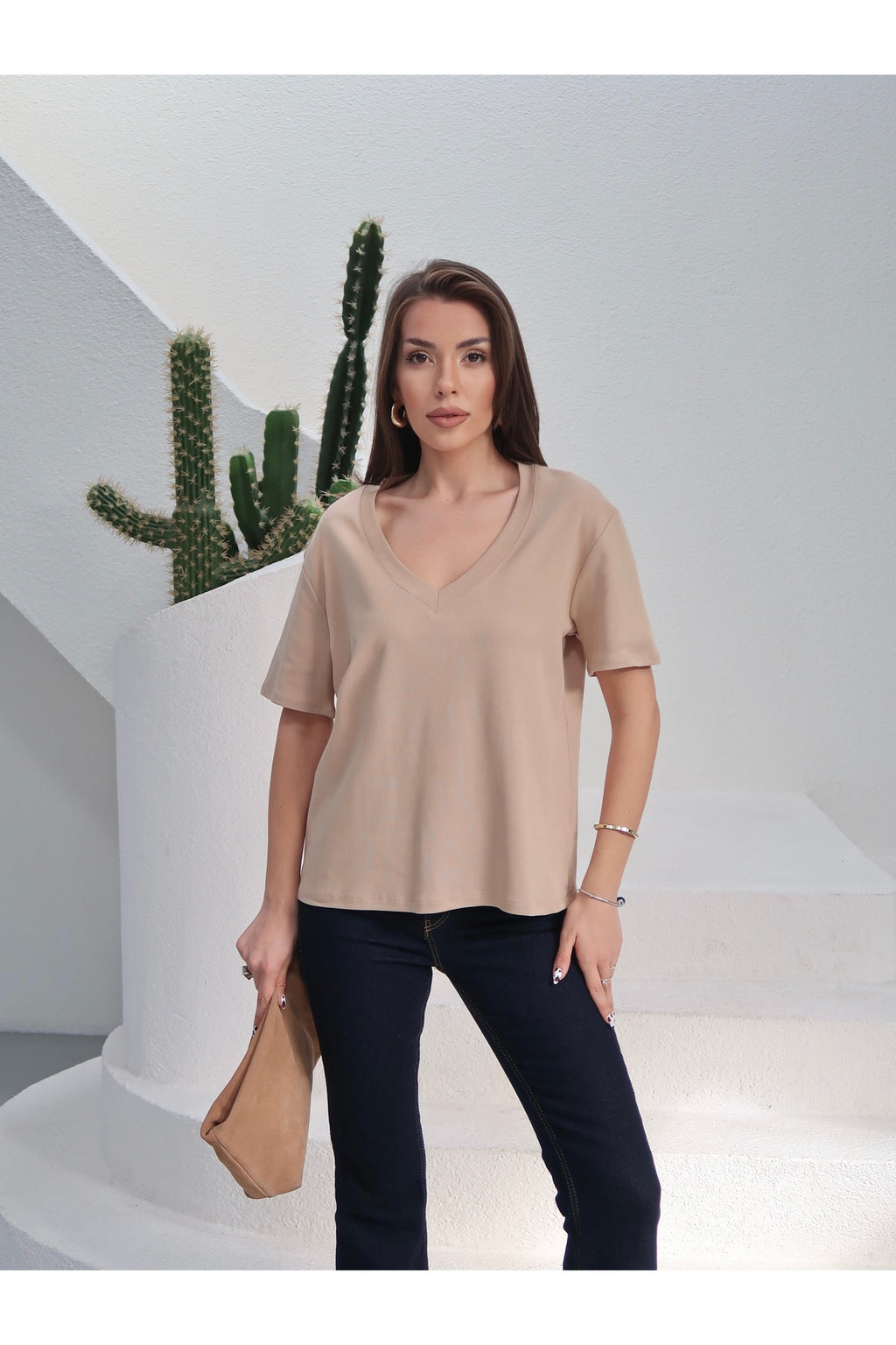 PWGY285 - Kadın Massi İnterlok Kumaş V Yaka Oversize T-Shirt - Bej
