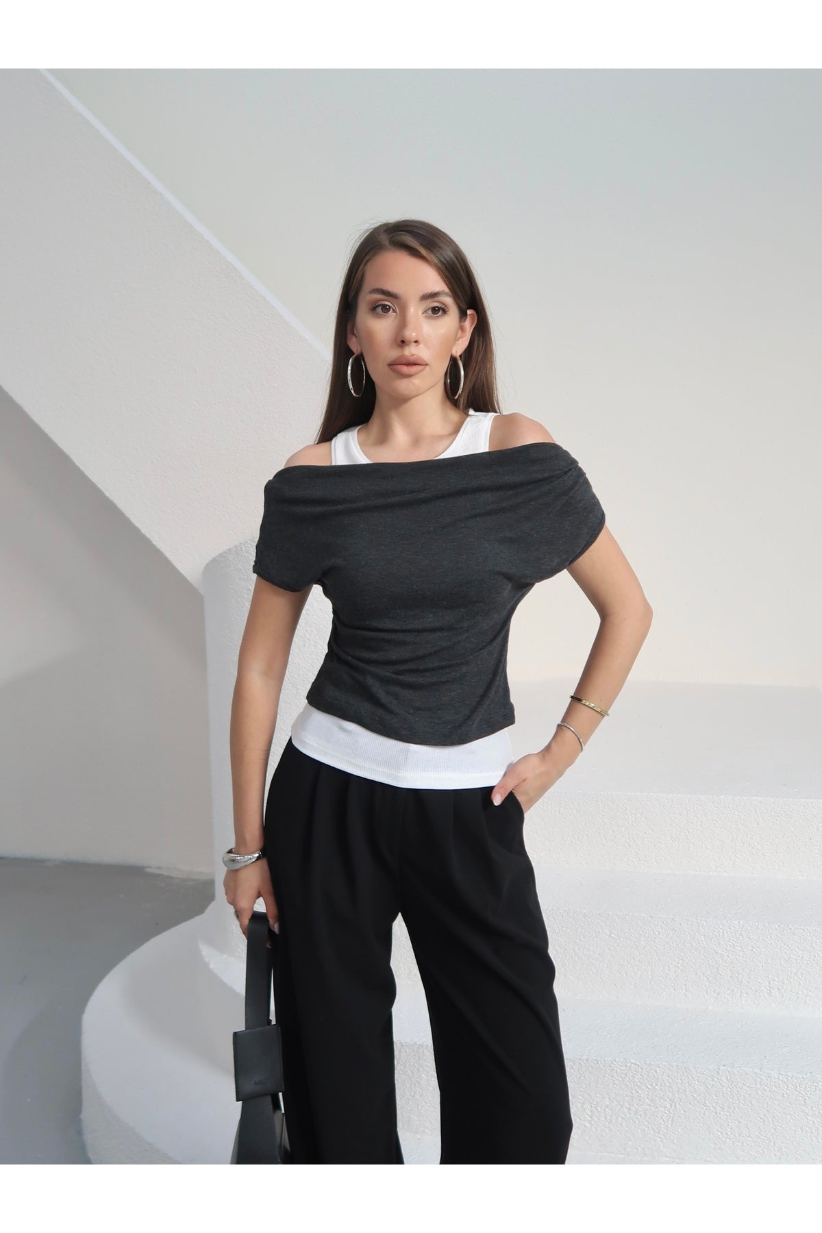 PWGY252 - Kadın Aveline Atlet Detaylı Transparan T-Shirt - Buzzy Kumaş - Antrasit