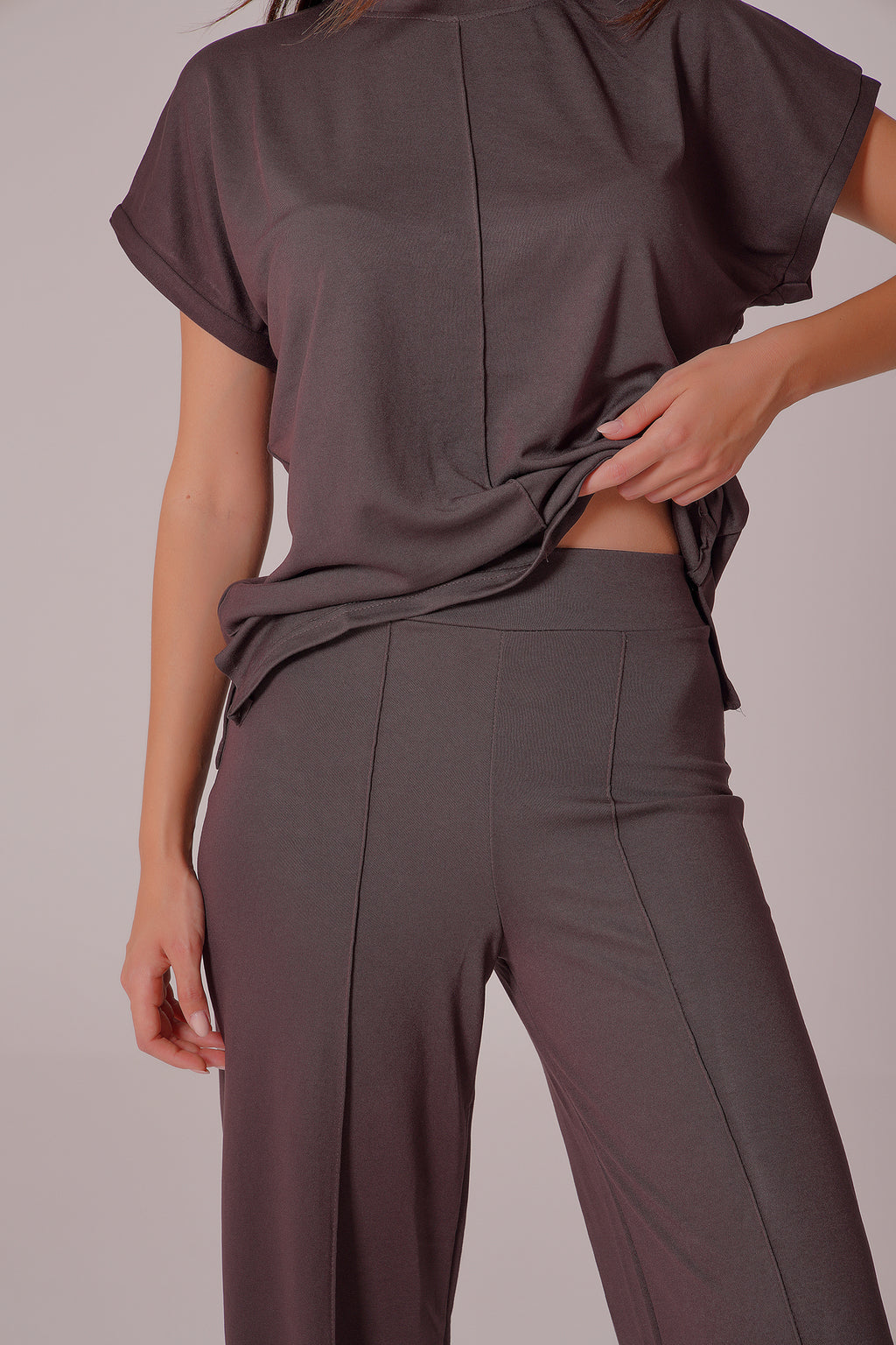 PWG0907251756 - Kadın Meadow Modal Çimalı T-shirt-Pantolon Takım - Kahverengi