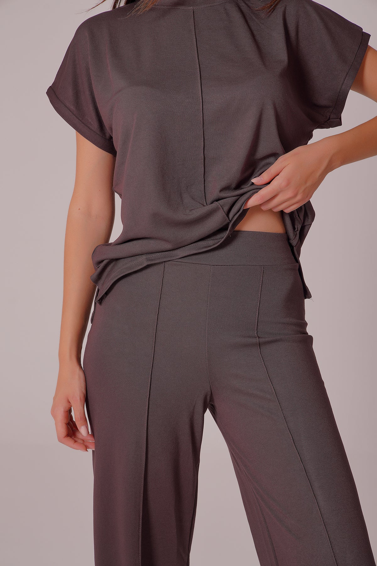 PWG0907251756 - Kadın Meadow Modal Çimalı T-shirt-Pantolon Takım - Kahverengi