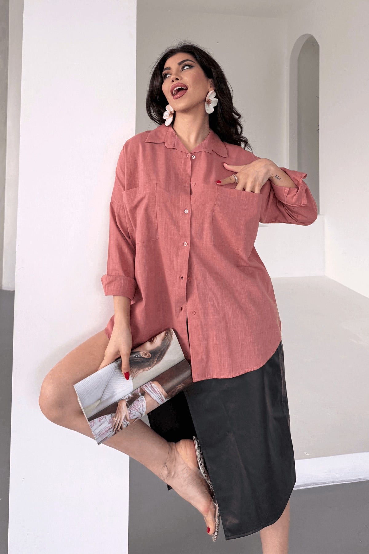 PWG1504250420 - Kadın Harper Çift Cepli Oversize Keten Gömlek, 2025 Summer Collection - Gül Kurusu