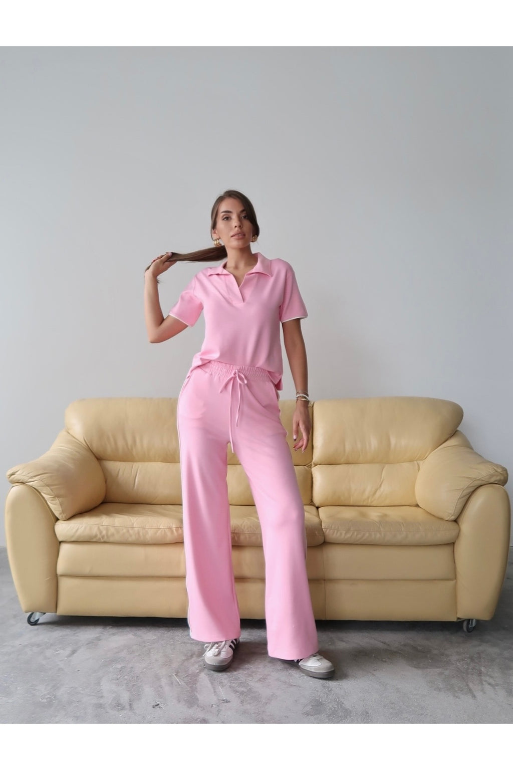 PWG1308251357 - Kadın Maribel Pamuklu Modal Kumaş Polo Yaka Bluz-Pantolon İkili Alt-Üst Takım, 4 Mevsim Günlük Takım - Pembe