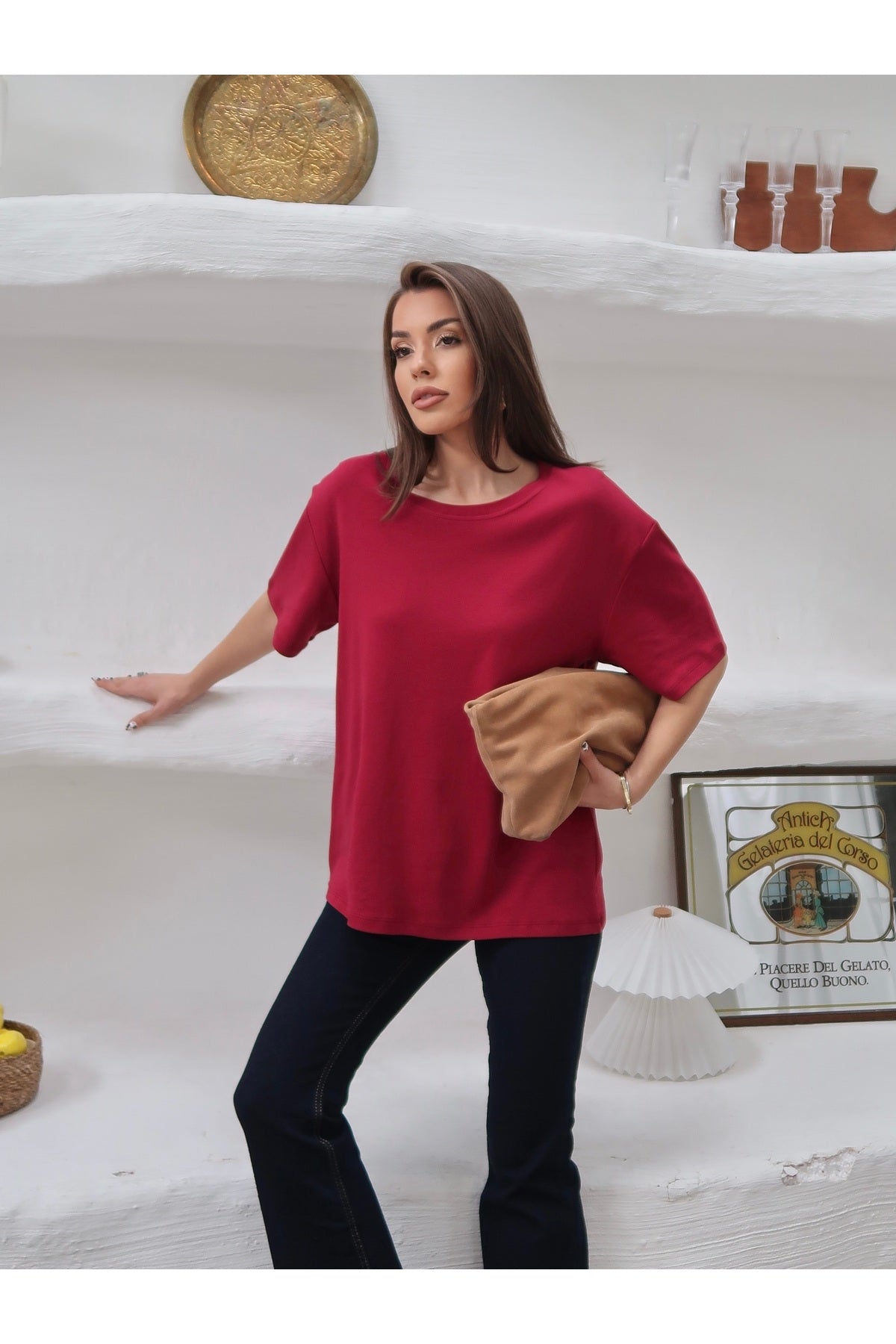 PWGY298 - Kadın Mia İnterlok Kumaş Bisiklet Yaka Oversize T-Shirt - Bordo