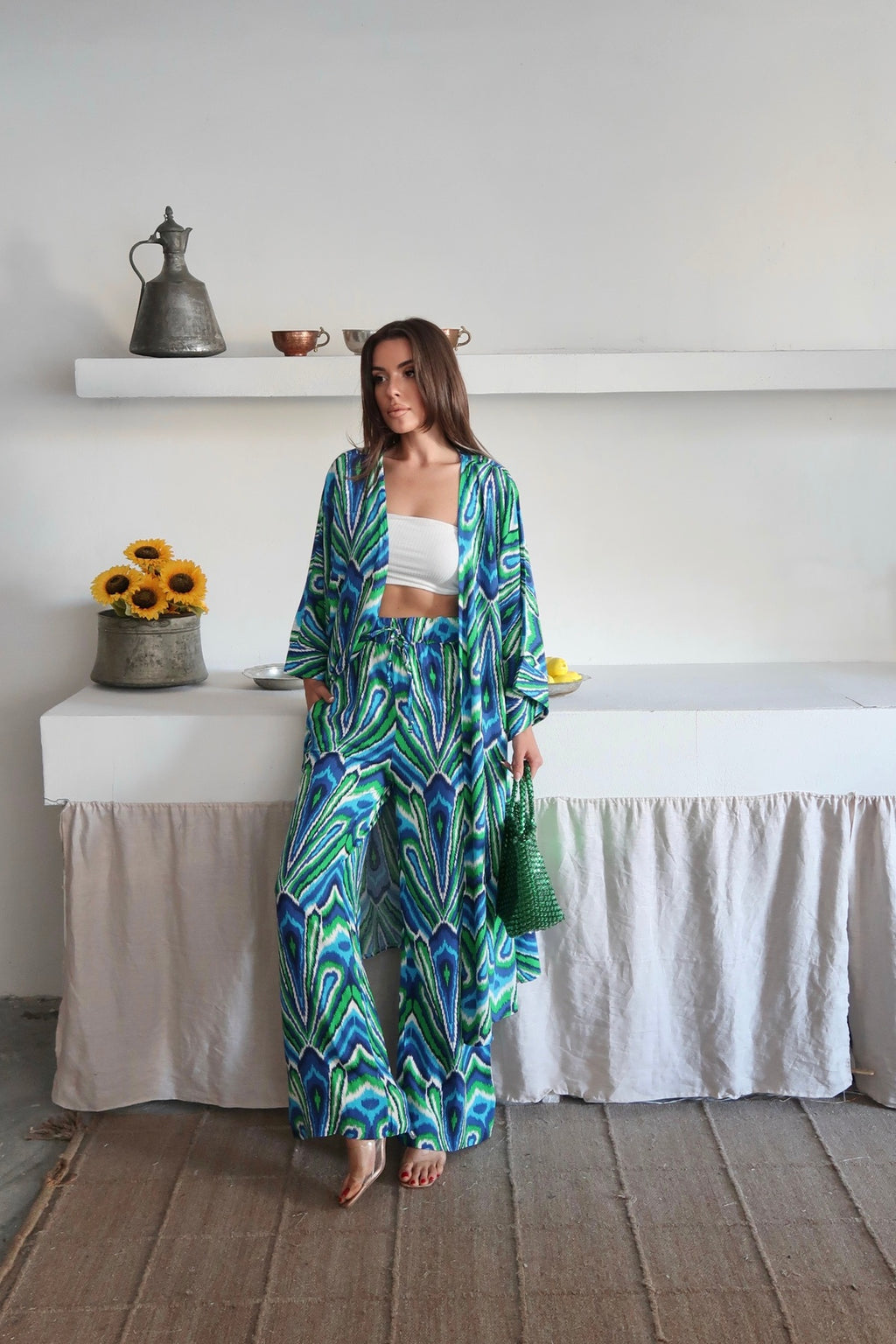 PWG1006251441 - Kadın Desenli Kimono Pantolonlu Yazlık Takım - Mavi