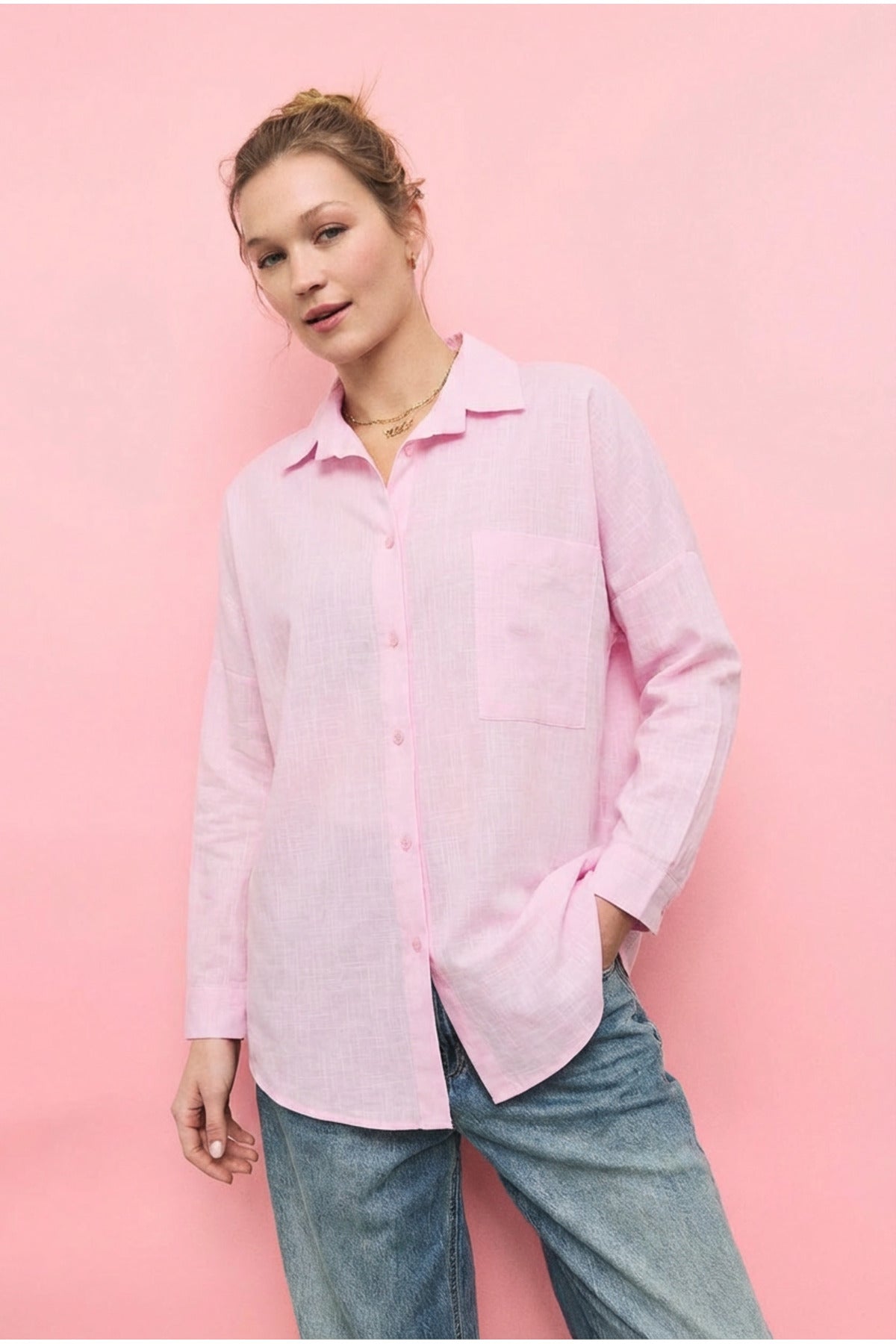 PWGPERRY - Kadın Perry Keten Gömlek Oversize - Pembe