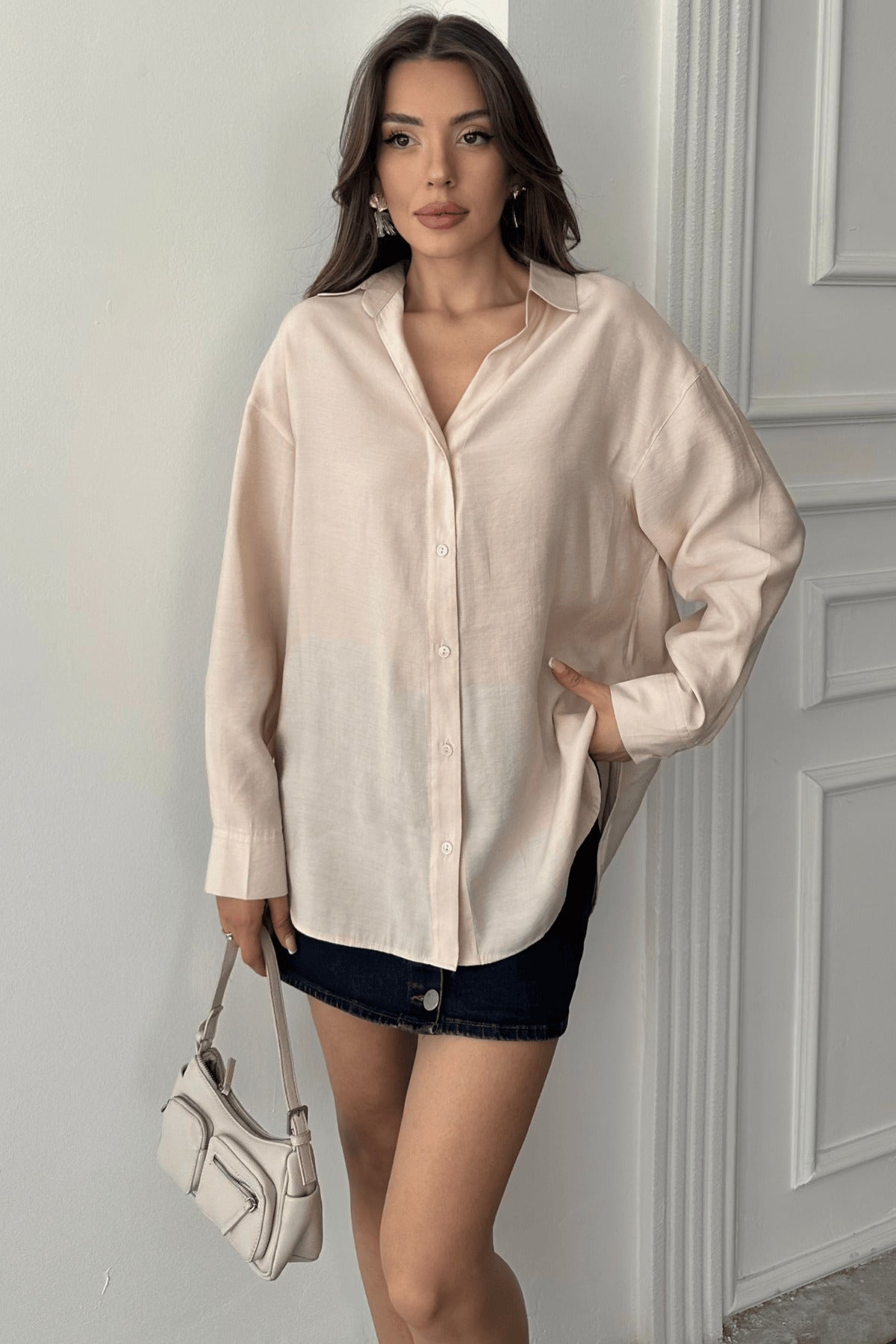 PWG1504250126 - Kadın Freya Modal Kumaş Oversize Gömlek - Taş
