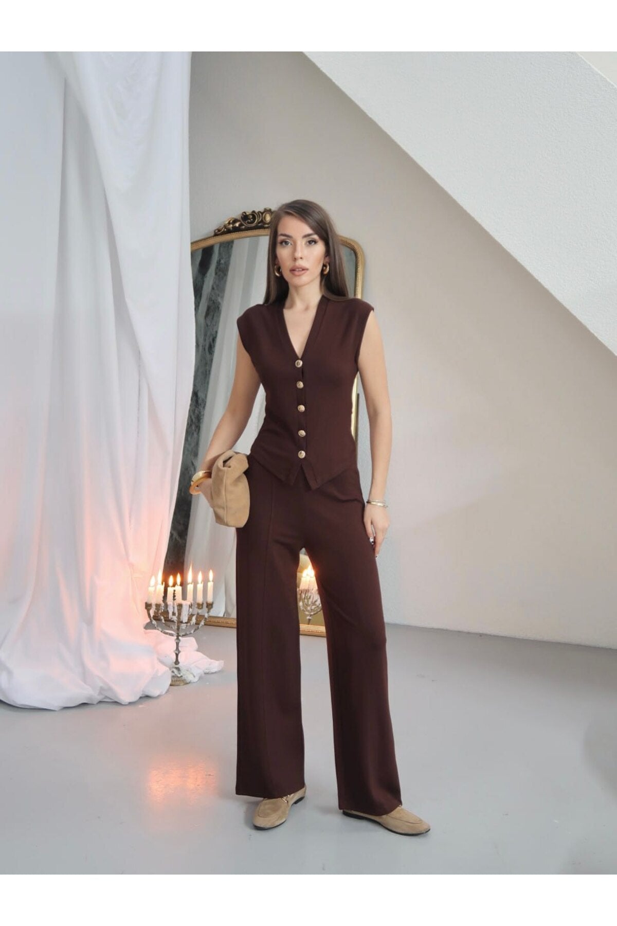 PWGY256 - Kadın Julia Gold Düğme Detaylı Yelekli Palazzo Pantolon Takım - Yazlık Soft Modal Kumaş - Kahverengi