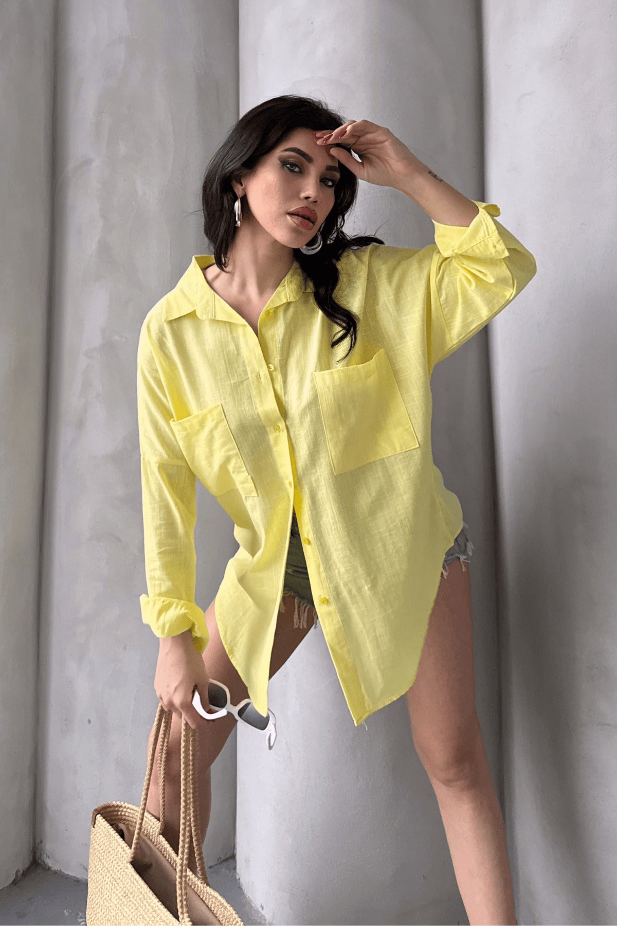 PWG1504250420 - Kadın Harper Çift Cepli Oversize Keten Gömlek, 2025 Summer Collection - Sarı