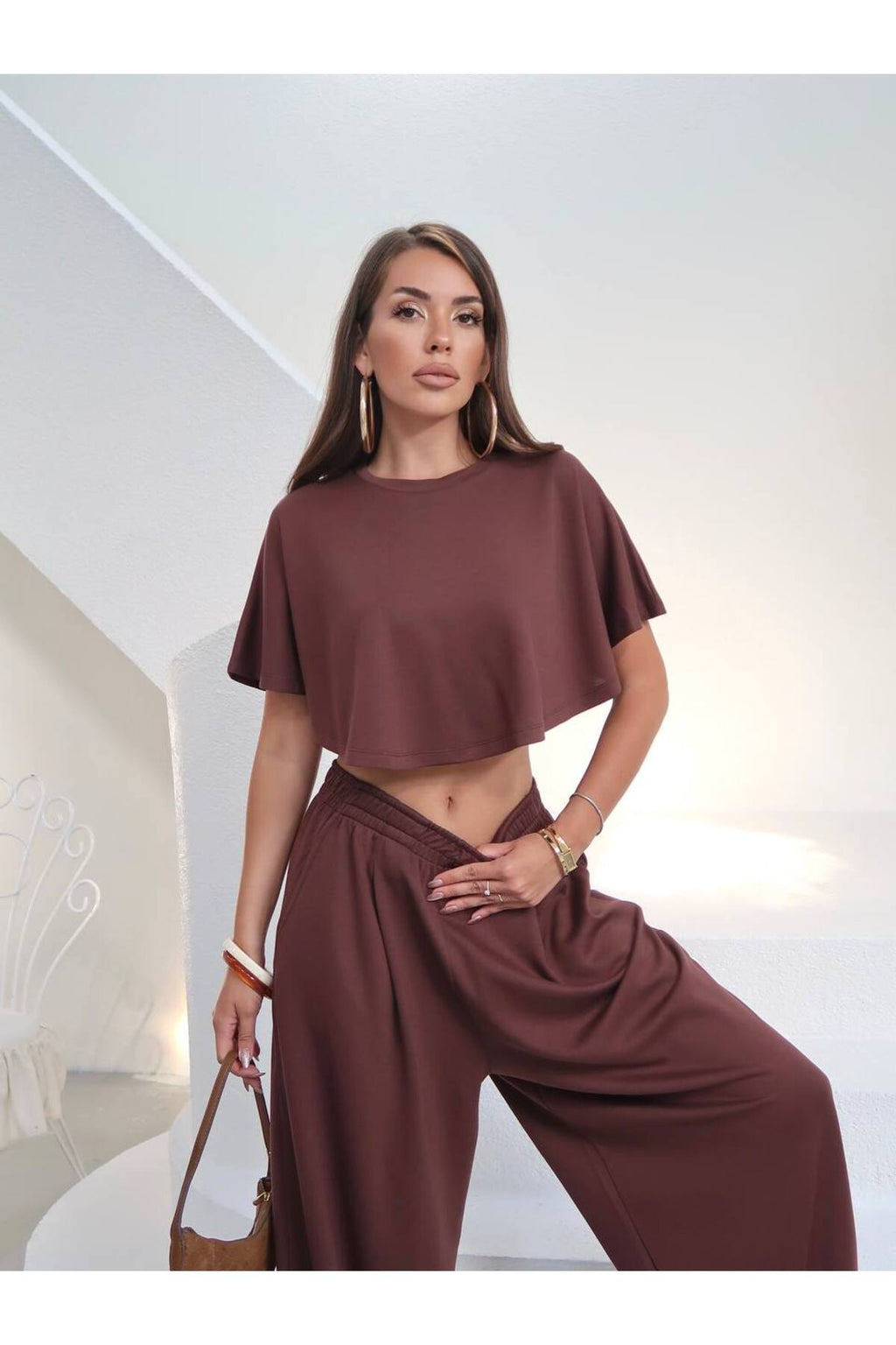 PWGY270 - Kadın Elina Pelerin Bluz Palazzo Pantolon Takım - Yazlık Modal Kumaş - Kahverengi