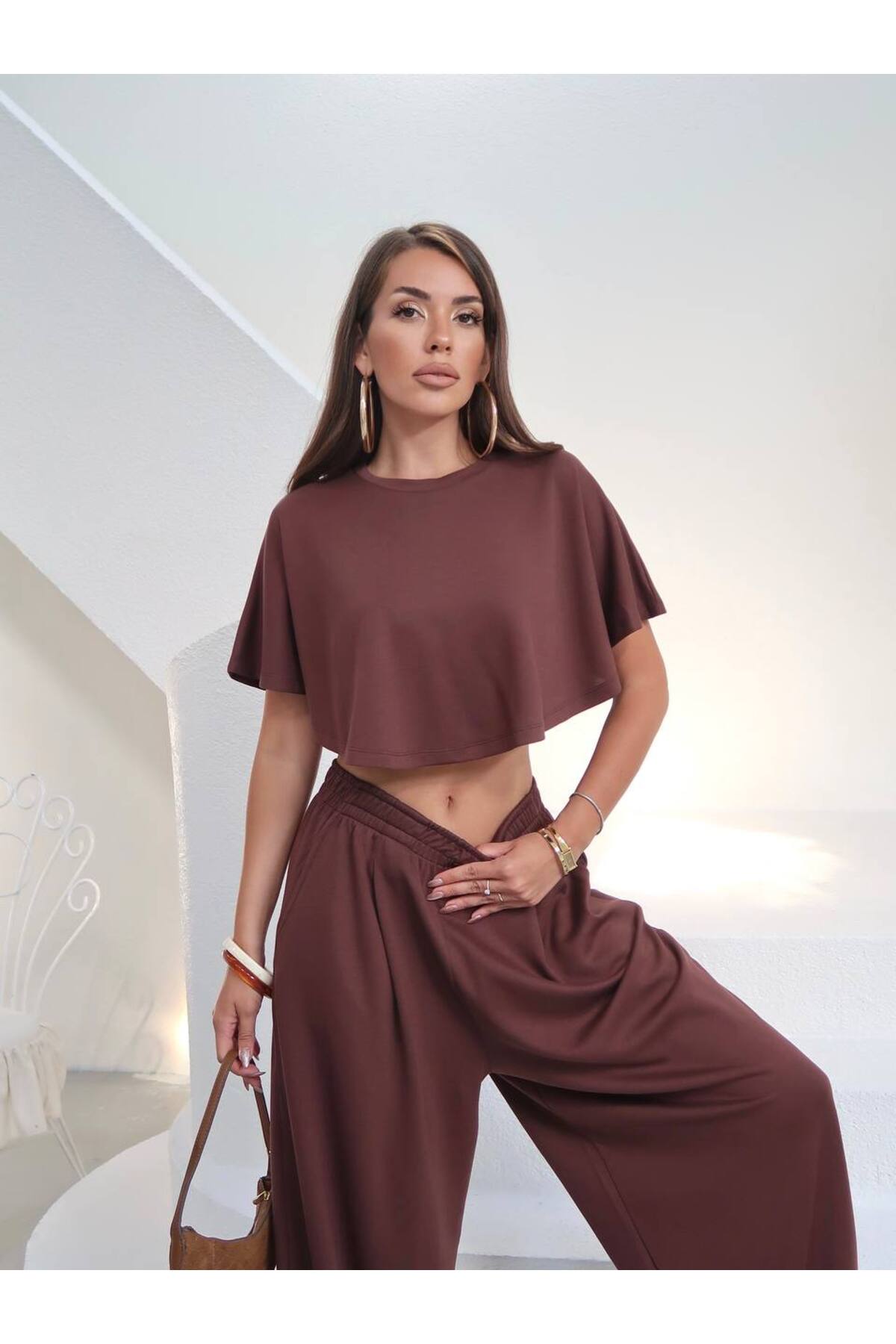 PWGY270 - Kadın Elina Pelerin Bluz Palazzo Pantolon Takım - Yazlık Modal Kumaş - Kahverengi