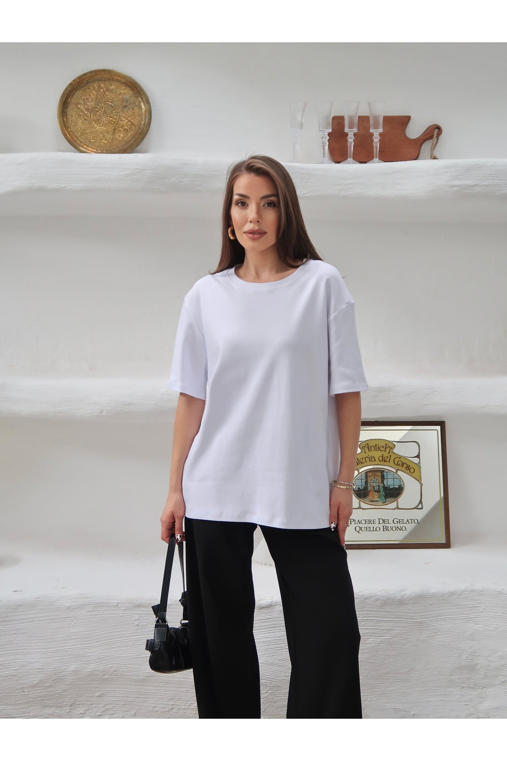 PWGY298 - Kadın Mia İnterlok Kumaş Bisiklet Yaka Oversize T-Shirt - Beyaz