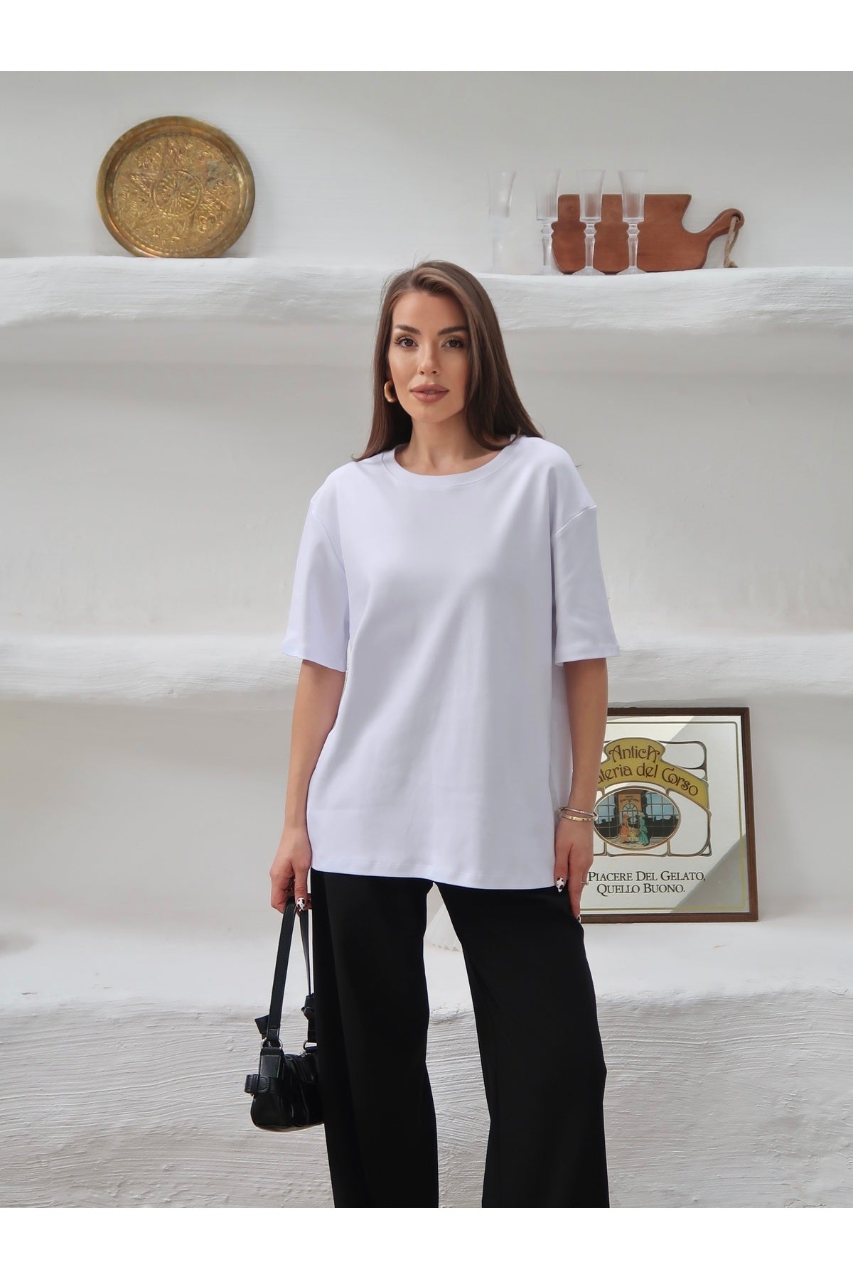 PWGY298 - Kadın Mia İnterlok Kumaş Bisiklet Yaka Oversize T-Shirt - Beyaz