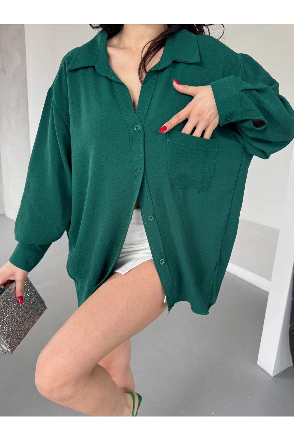 PWG903250053 - Kadın Flory Ayrobin Oversize Tek Cep Gömlek - Yeşil