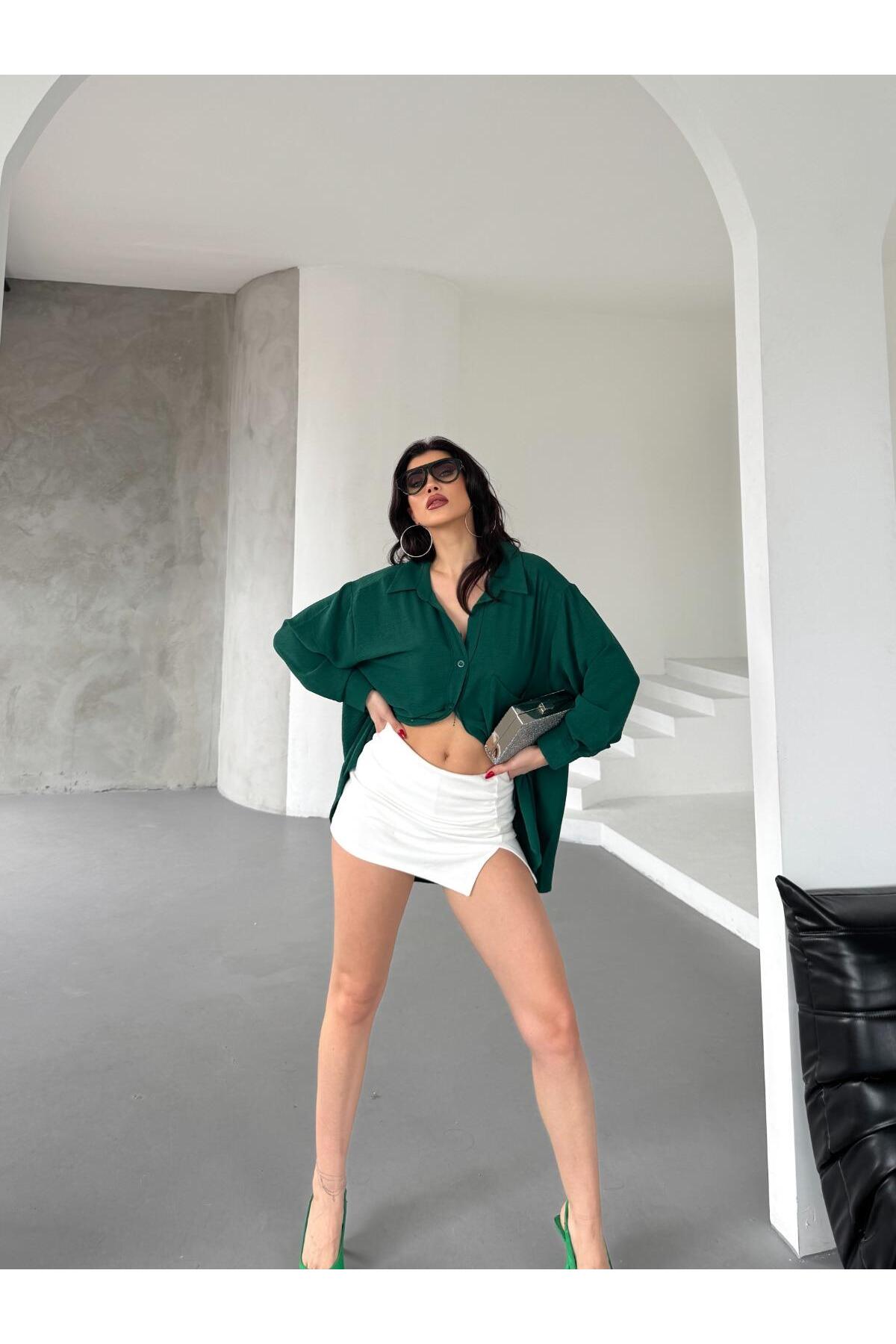 PWG903250053 - Kadın Flory Ayrobin Oversize Tek Cep Gömlek - Yeşil