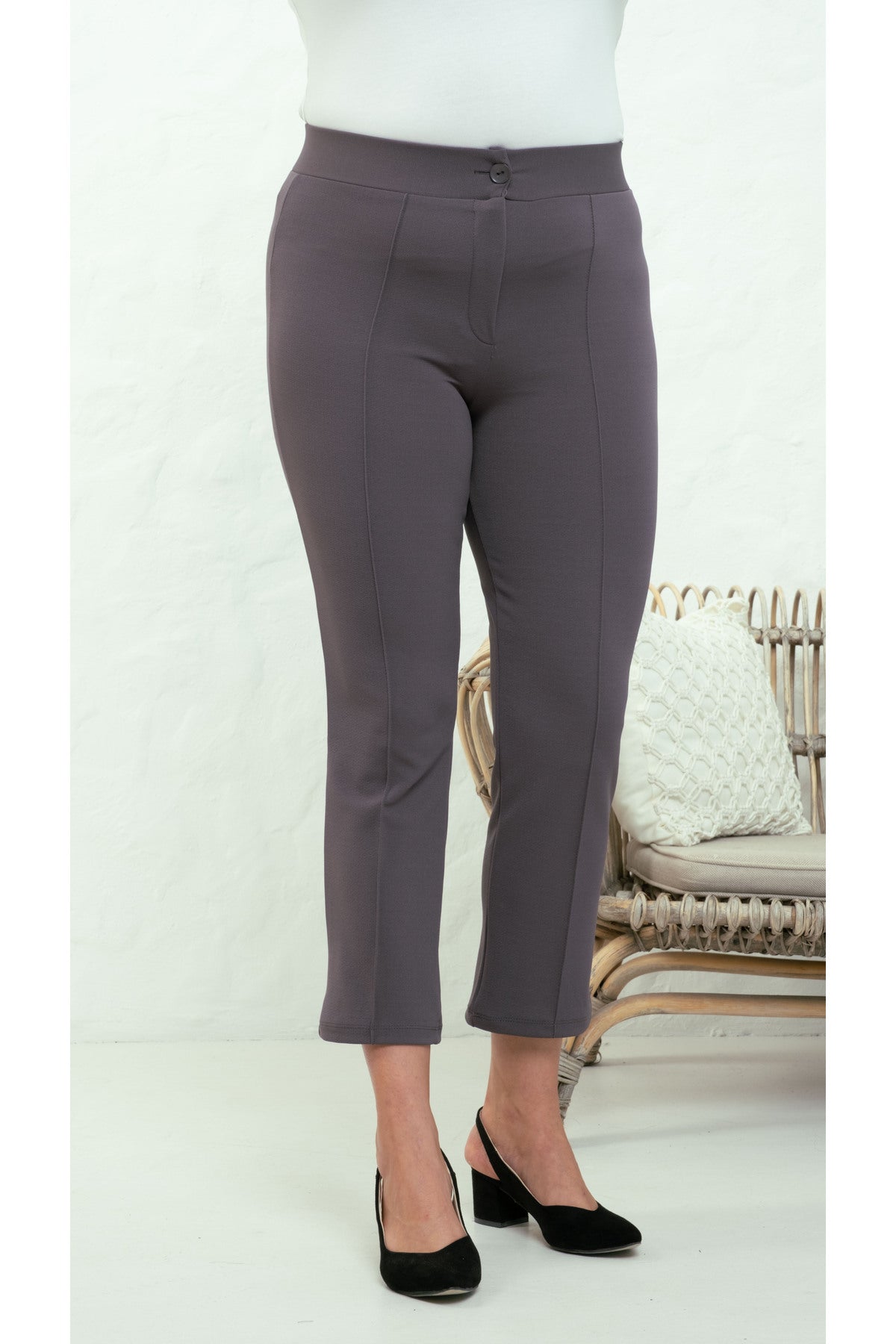PWG909241317 - Likralı Büyük Beden Dar Paça Pantolon, 4 Mevsim, Vücudu Toplayan Pantolon - Füme