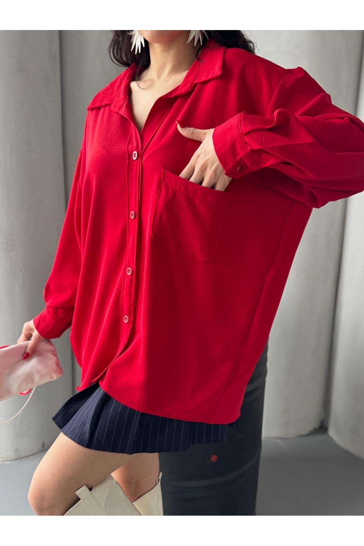 PWG903250053 - Kadın Flory Ayrobin Oversize Tek Cep Gömlek - Kırmızı