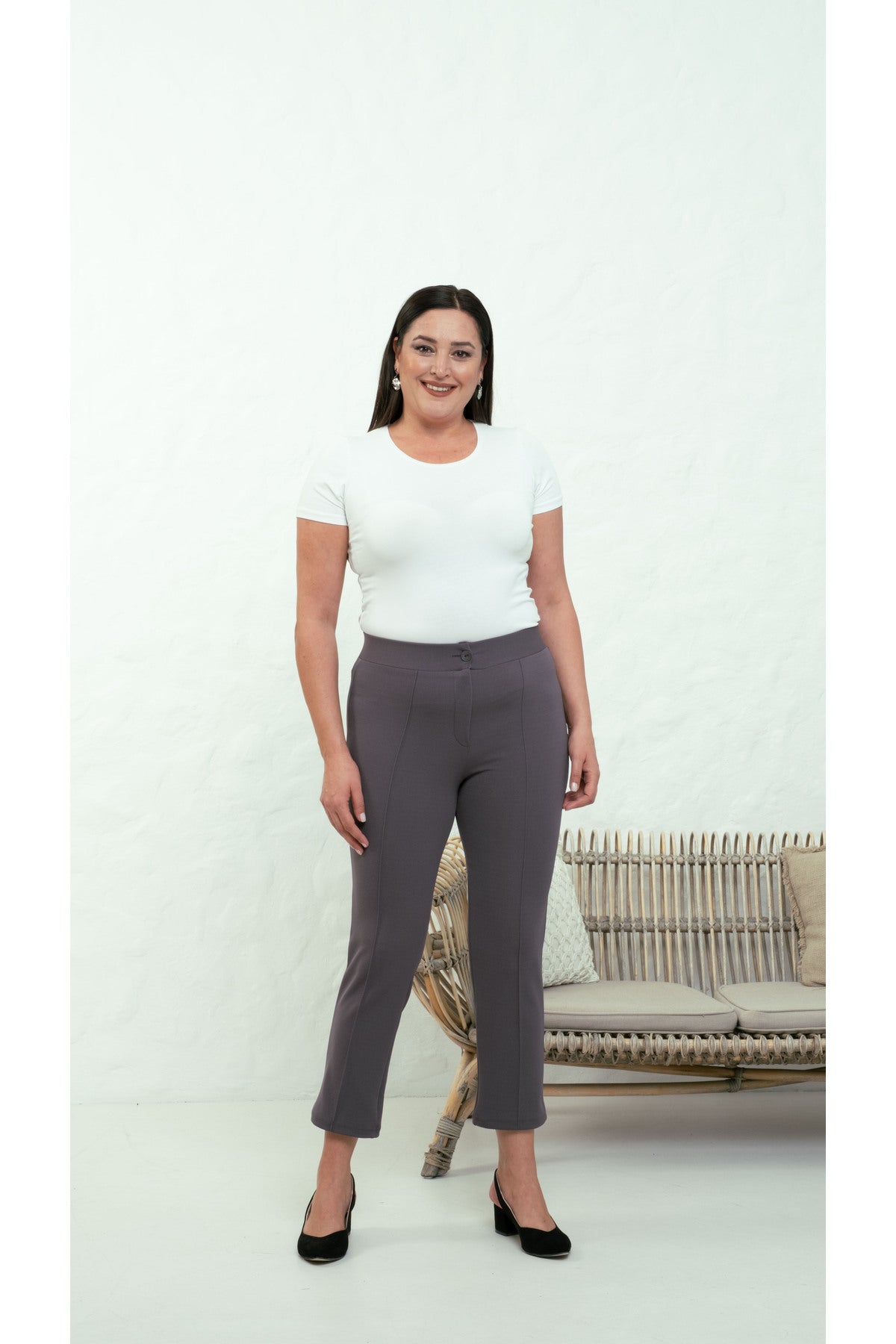 PWG909241317 - Likralı Büyük Beden Dar Paça Pantolon, 4 Mevsim, Vücudu Toplayan Pantolon - Füme