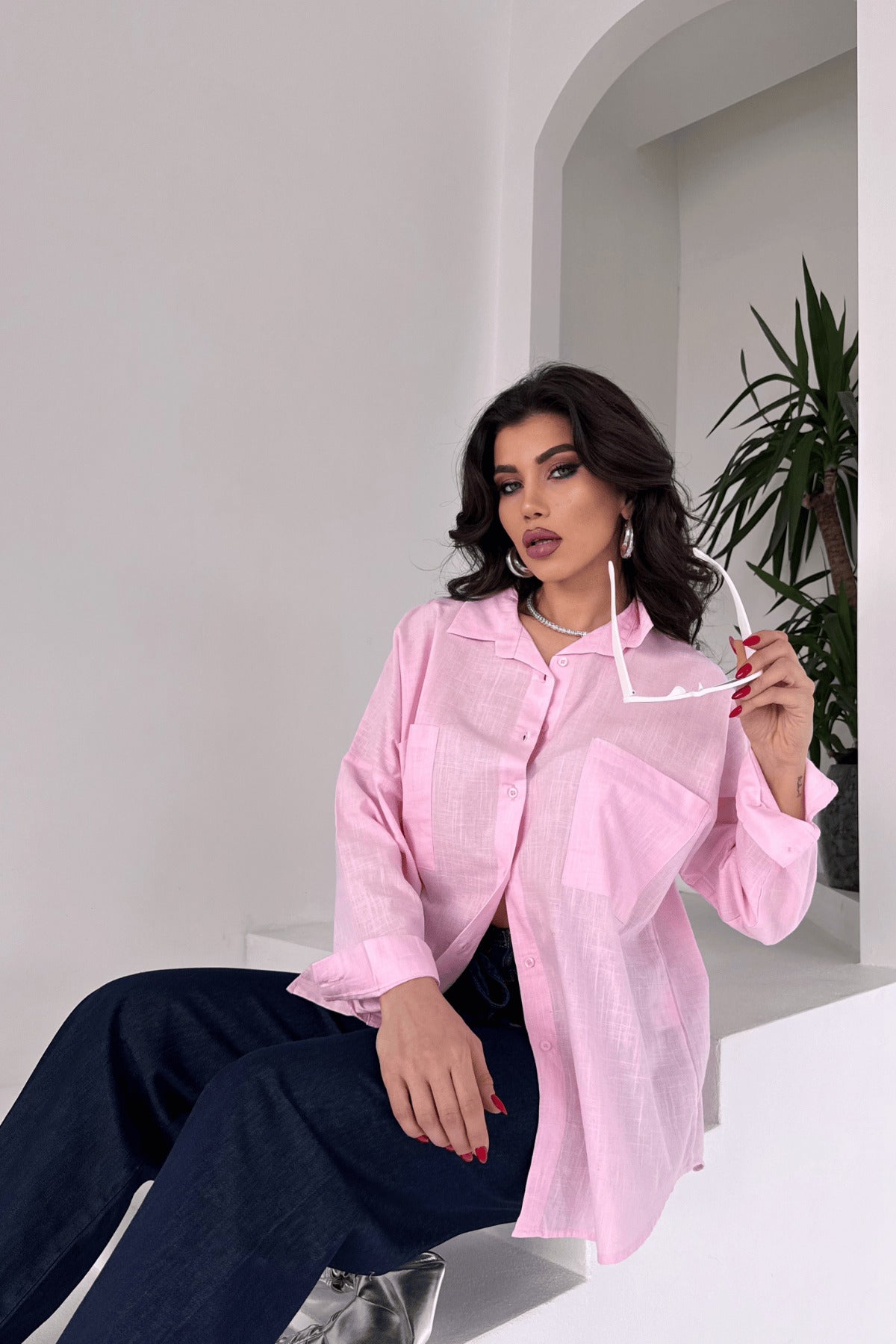 PWG1504250420 - Kadın Harper Çift Cepli Oversize Keten Gömlek, 2025 Summer Collection - Pembe