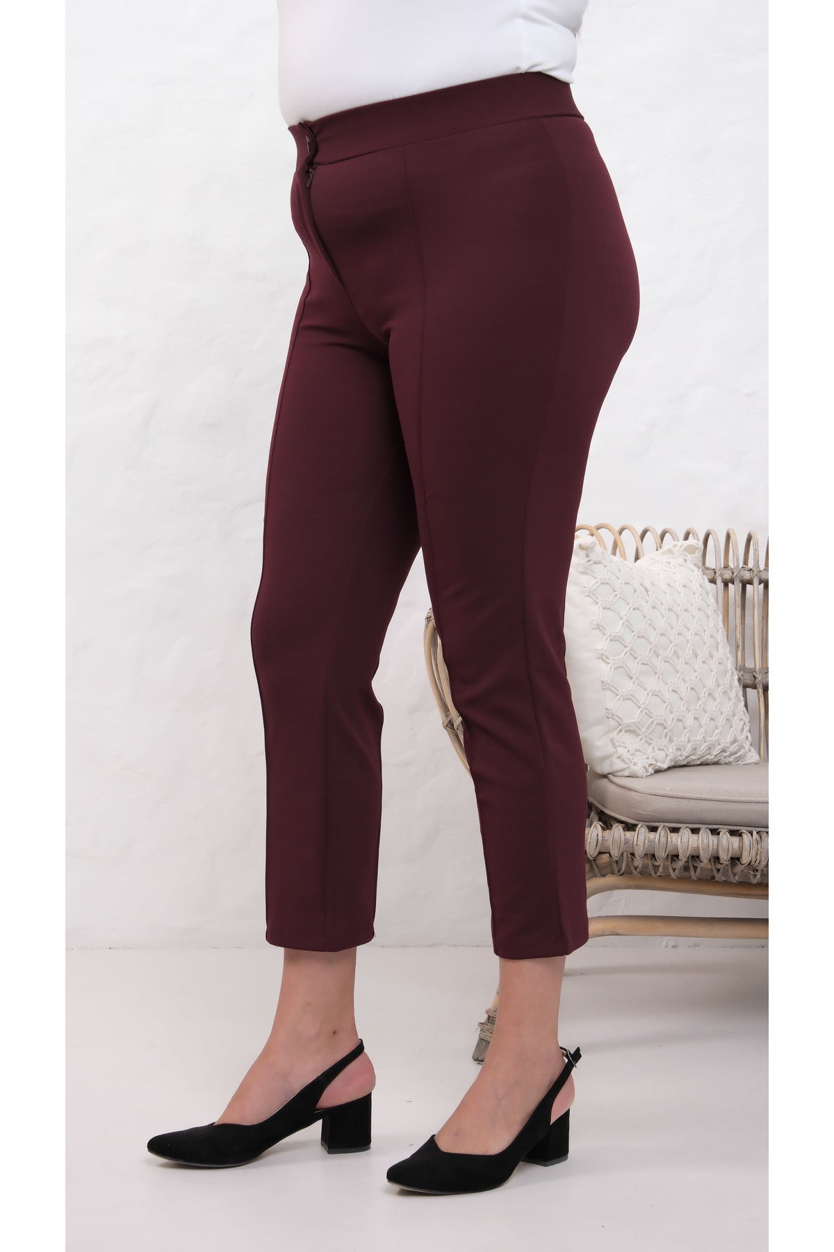 PWG909241317 - Likralı Bordo Büyük Beden Dar Paça Pantolon, 4 Mevsim, Vücudu Toplayan Pantolon